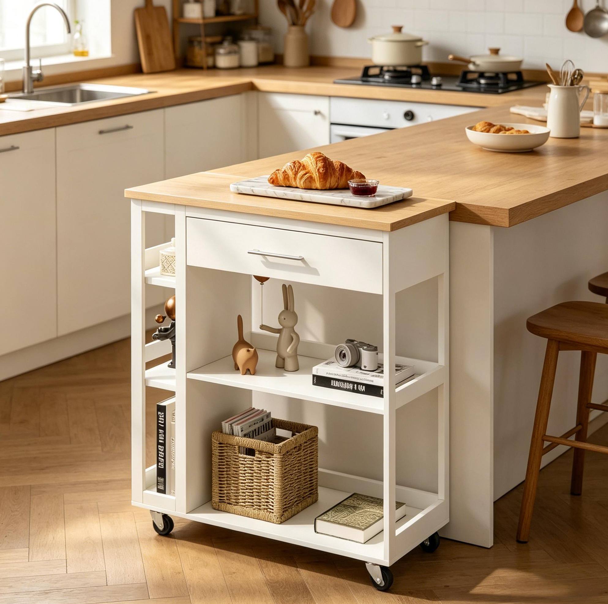 Mobiler Küchenwagen Aus Mdf Mit Schublade Und Regalen, 73 X 38 X 88 Cm, Weiß Holzdekor
