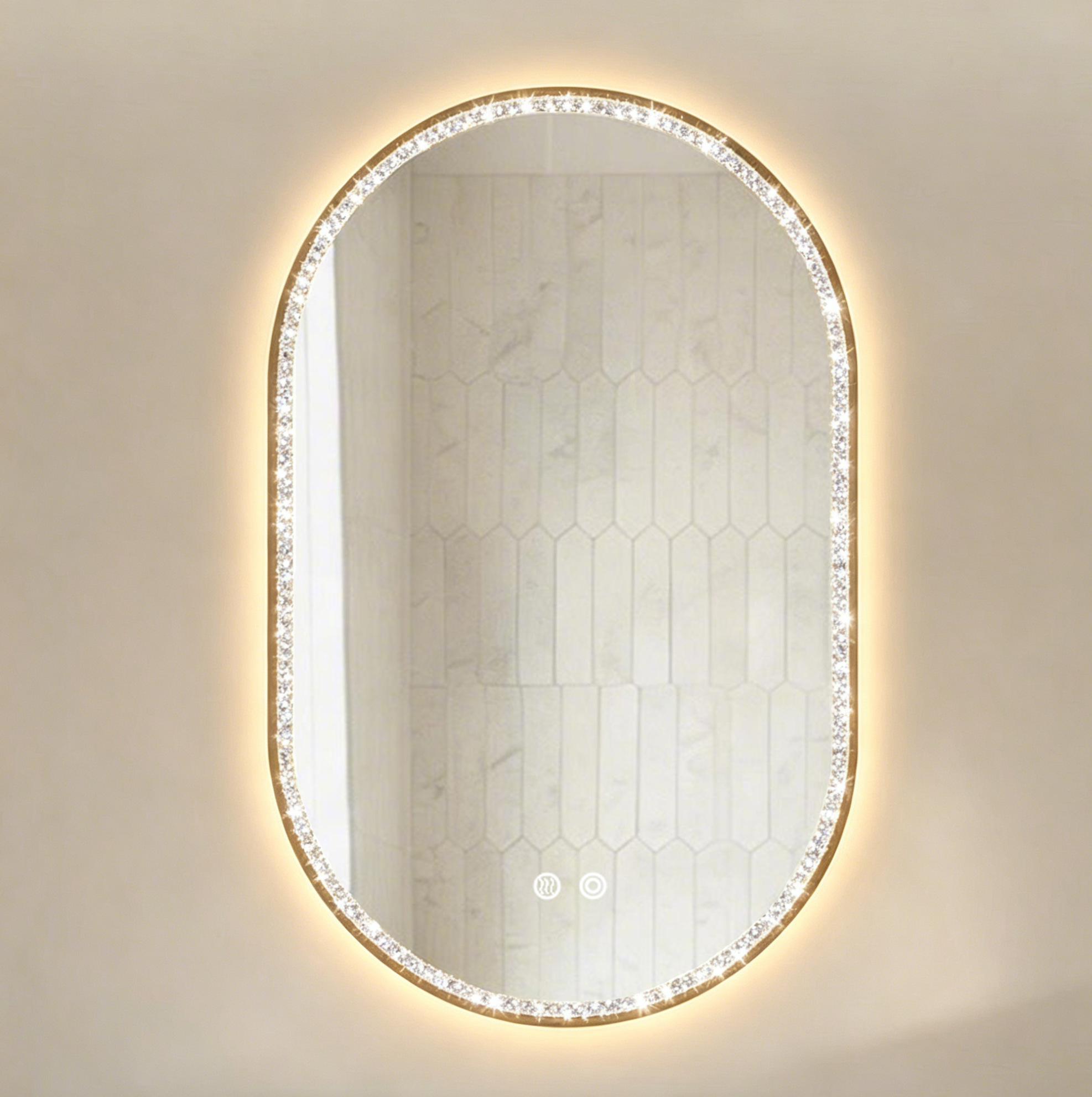 Ovaler Led-badezimmerspiegel 50 X 80 Cm, Beschlagfrei, Goldrahmen Mit Kristallen