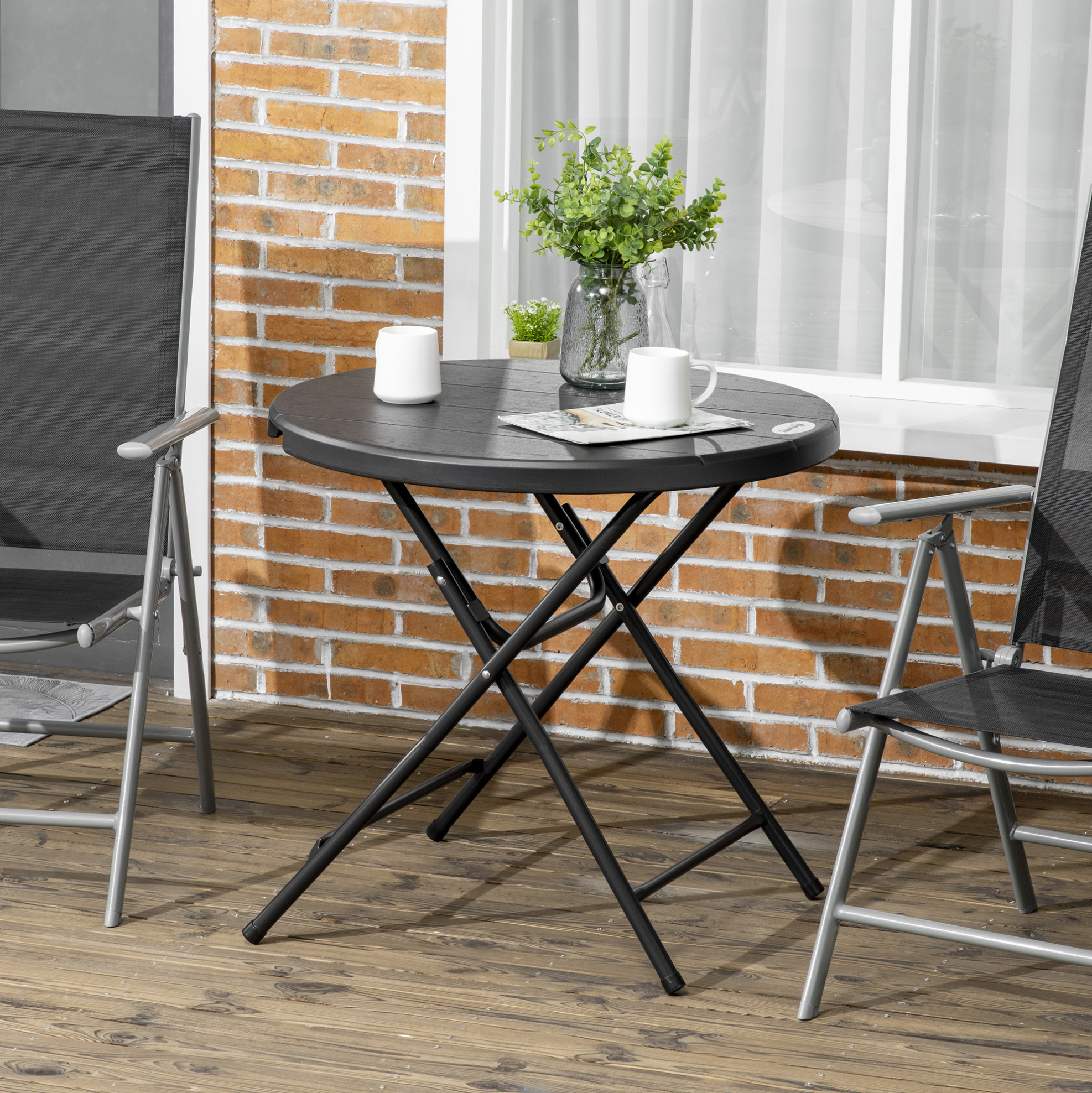 Runder Klappbarer Gartentisch Für 4 Personen Ø80 Cm, Holzoptik, Dunkelgrau, Okwish