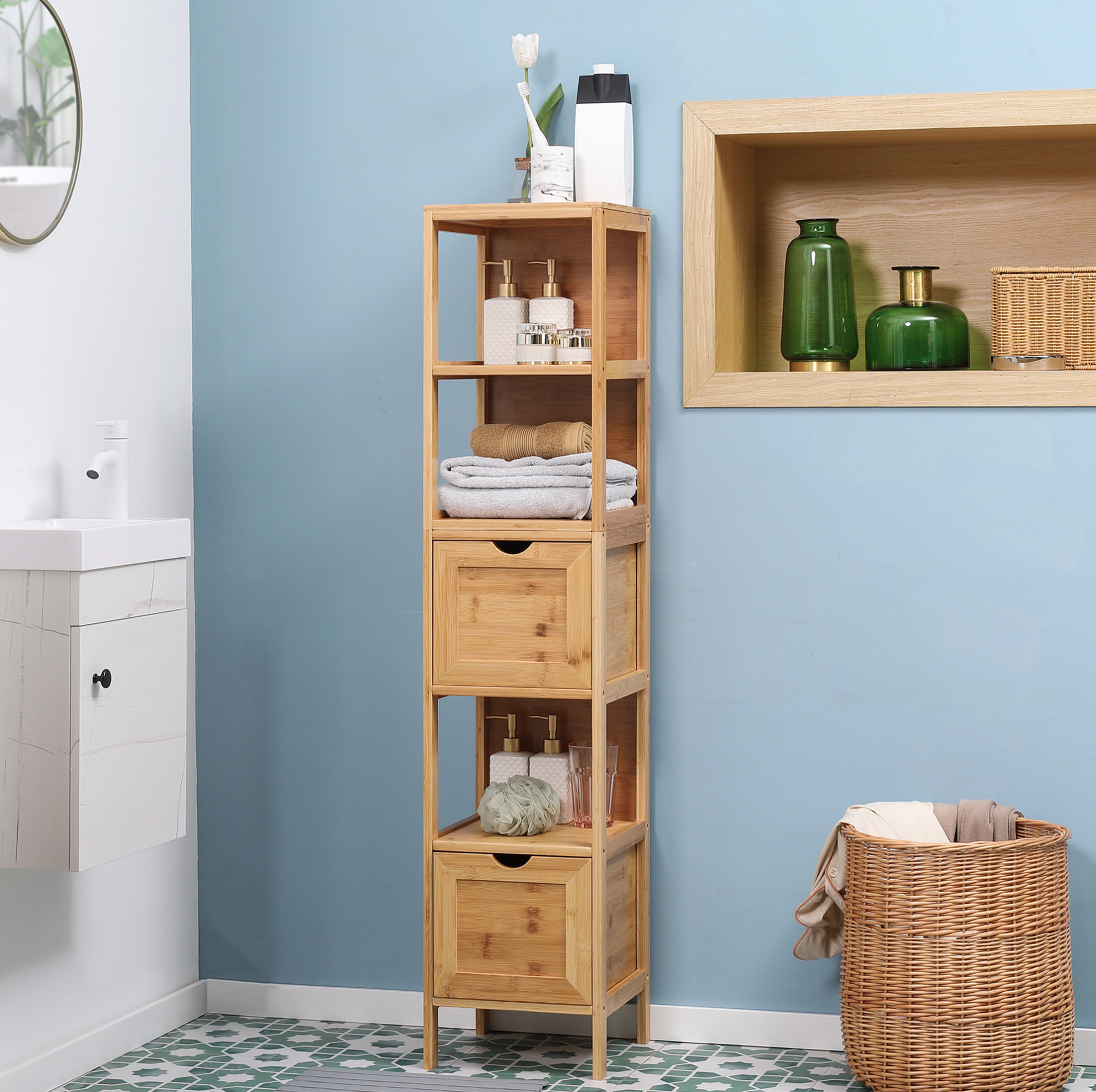 Badezimmer-hochschrank Aus Bambus Mit 3 Offenen Fächern Und 2 Schubladen 30 X 30 X 140 Cm Okwish