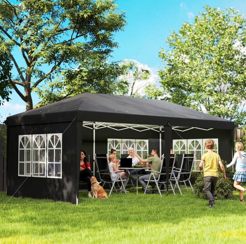 Faltbarer Pop-up-pavillon 3 X 6 M Wasserdicht Mit 4 Seitenwänden Und Fenstern, Schwarz