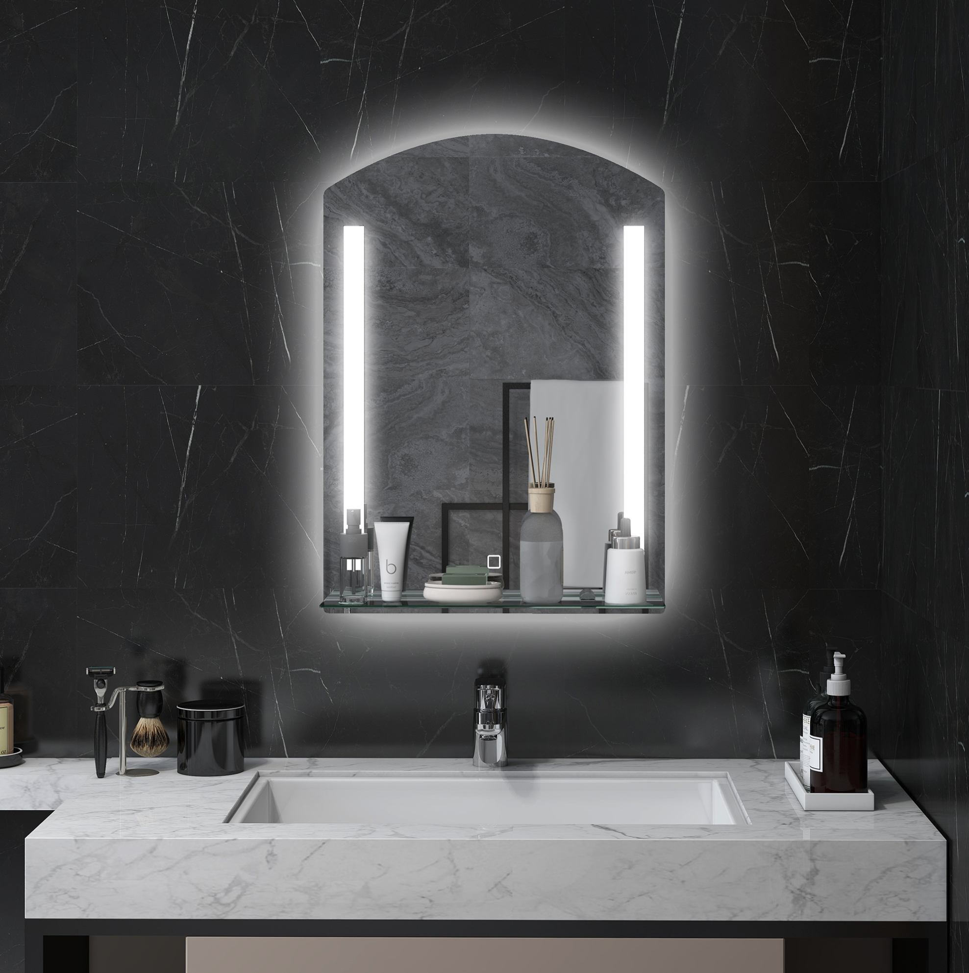 Led-badezimmerspiegel Mit Glasablage, 3 Lichtfarben, 50 X 70 Cm, Silber