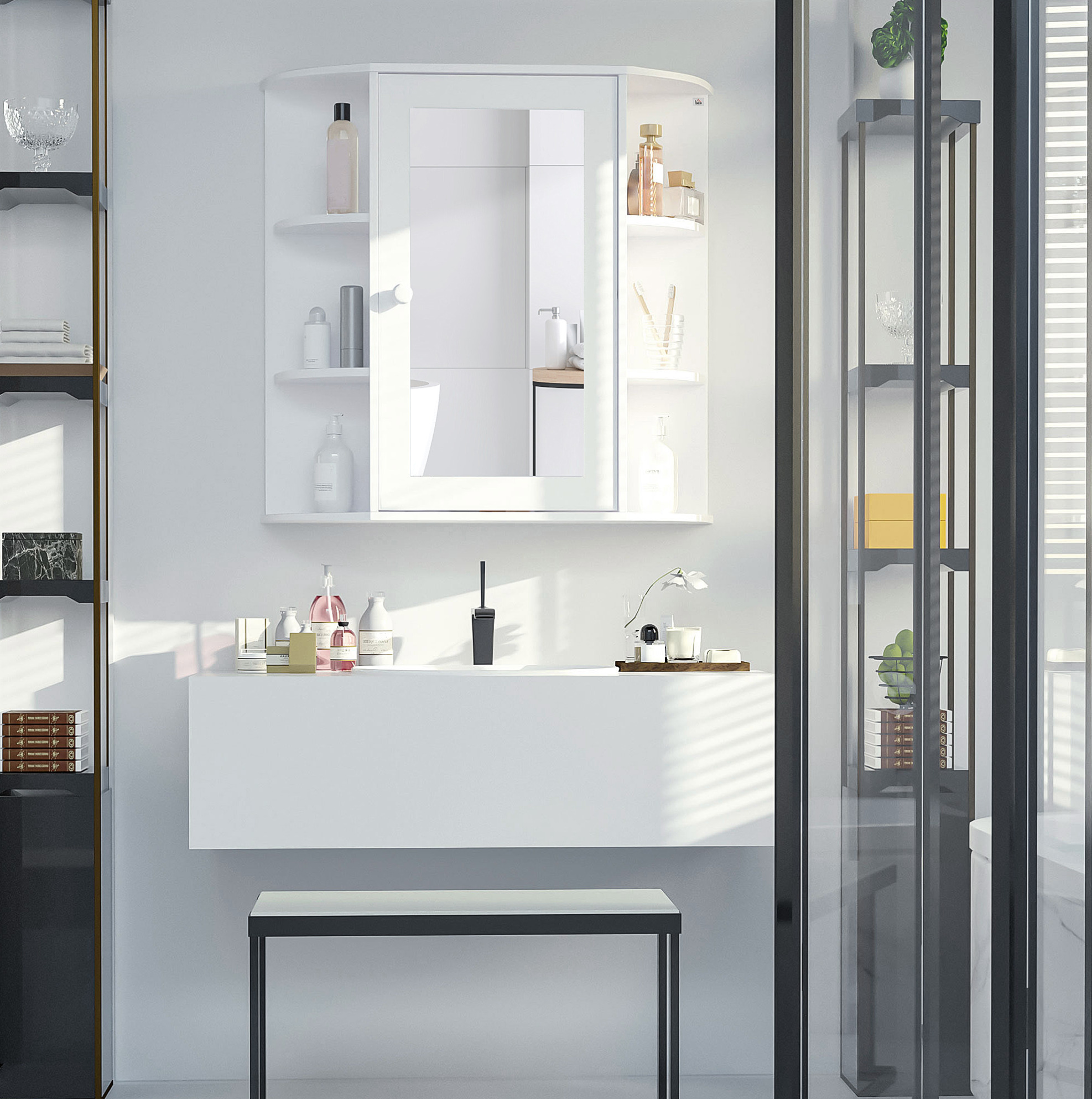 Badezimmer-spiegelschrank Aus Mdf Weiß 66 X 17 X 63 Cm Mit 8 Fächern
