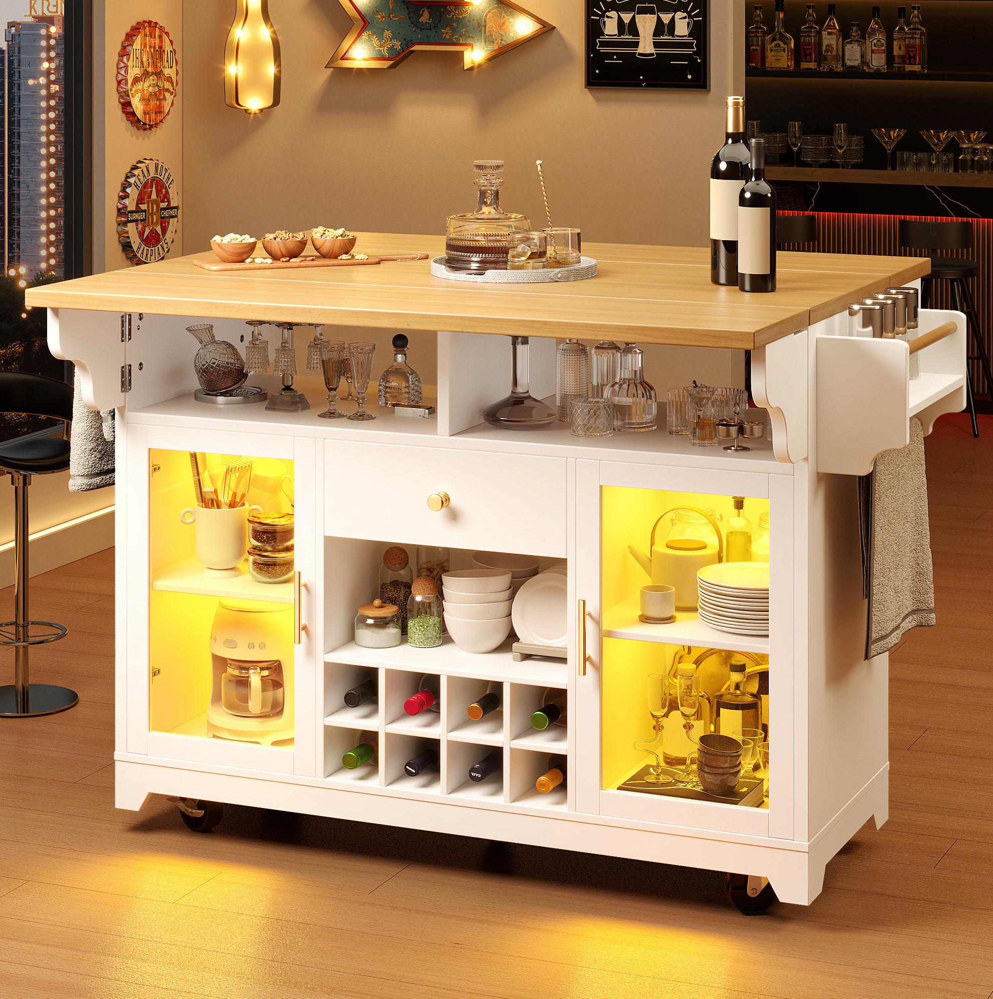 Küchenwagen Mit Rgb-led, Klappbaren Seitenplatten, Weinregal Und Rollen, Weiß