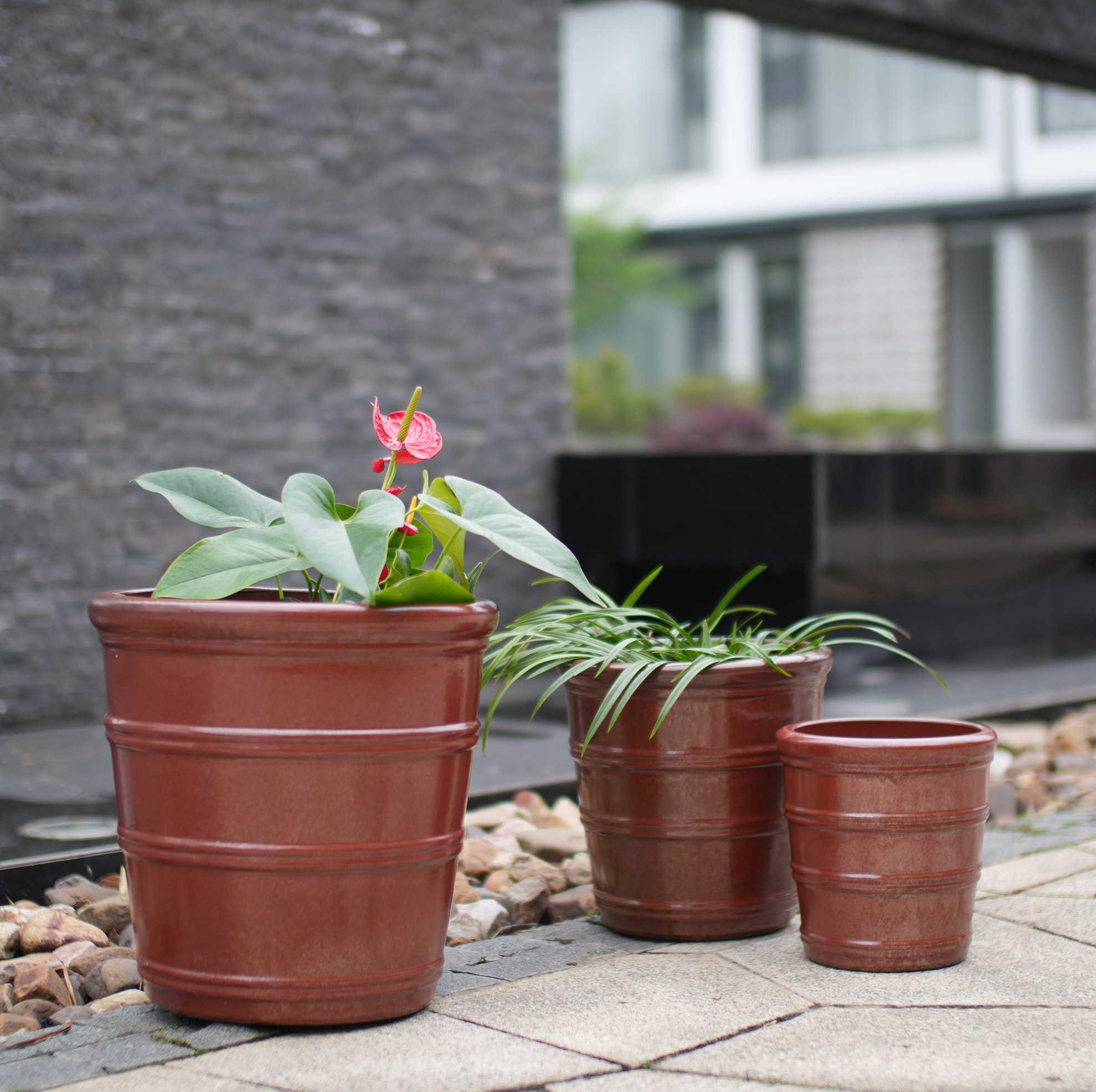 Keramik-blumentöpfe, 3er-set Ø 40,5/32/24 Cm, Glänzend Rotbraun, Okwish
