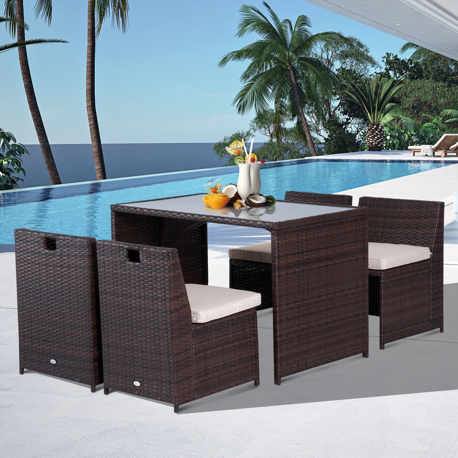 4-sitzer-polyrattan-gartenmöbel Mit Tisch, Kissen Und Stauraum 120x69x77,5 Cm Braun/kaki
