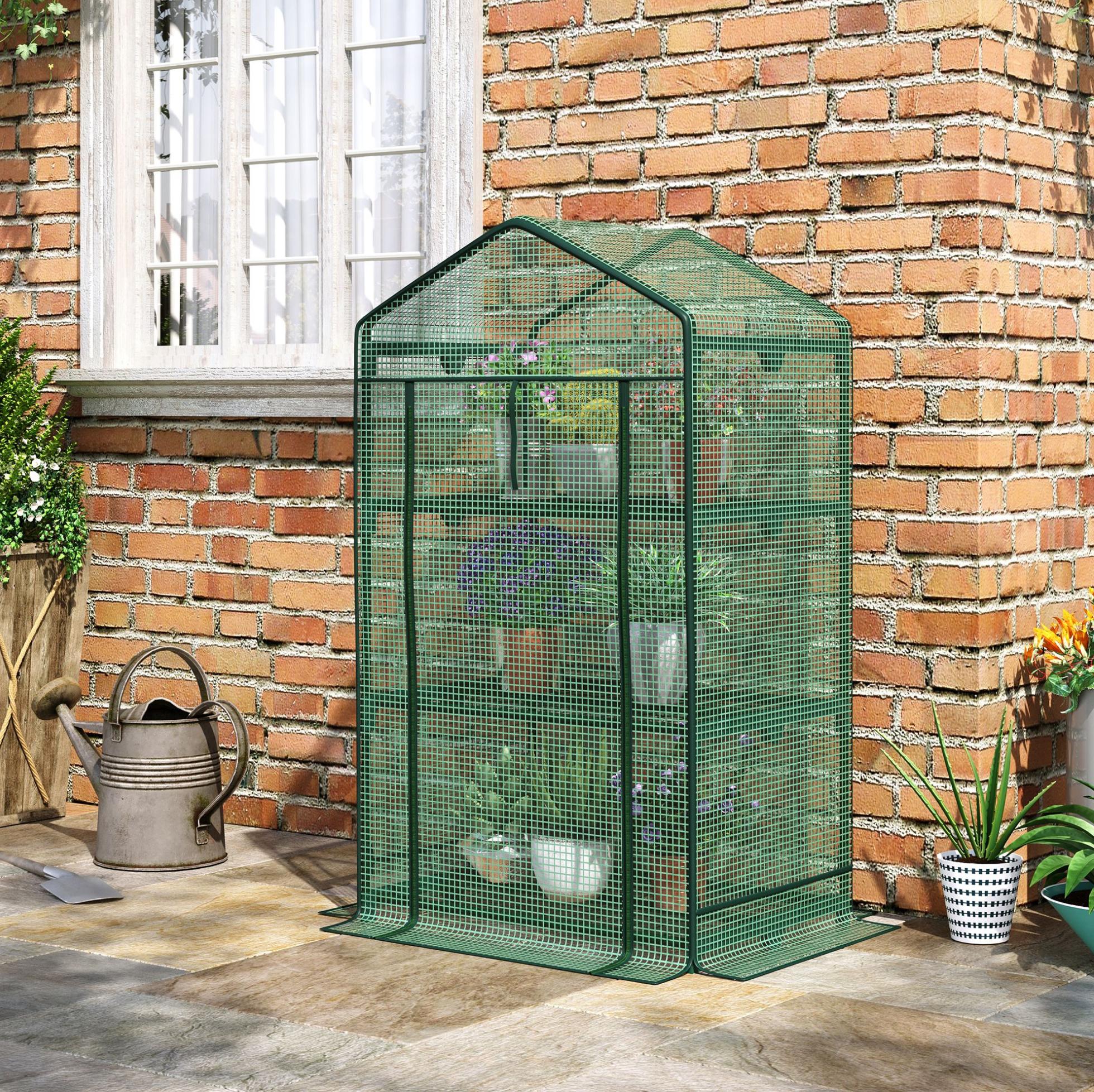 Mini-gewächshaus 69 X 49 X 125 Cm Mit 3 Regalen, Rolltür, Metallgestell Grün Okwish
