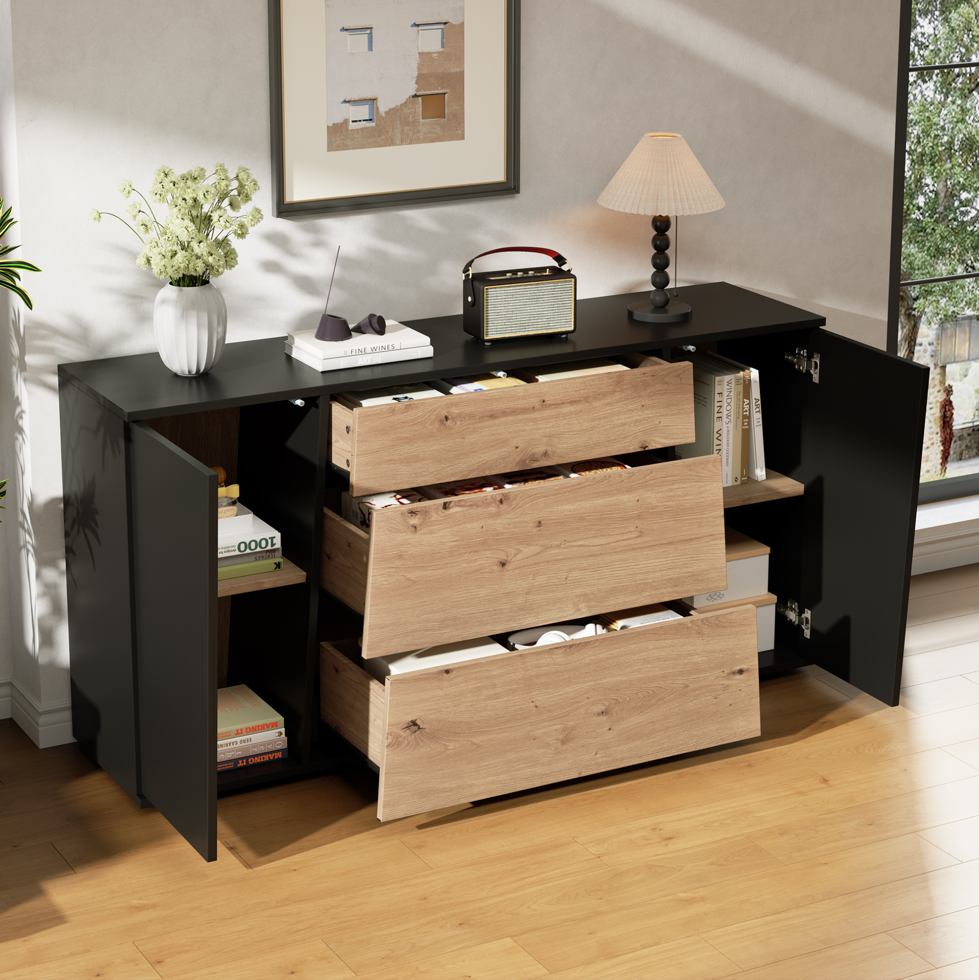 Küchen-sideboard 140 X 35 X 70 Cm Mit 3 Schubladen Und 2 Türen, Schwarz Und Holzoptik