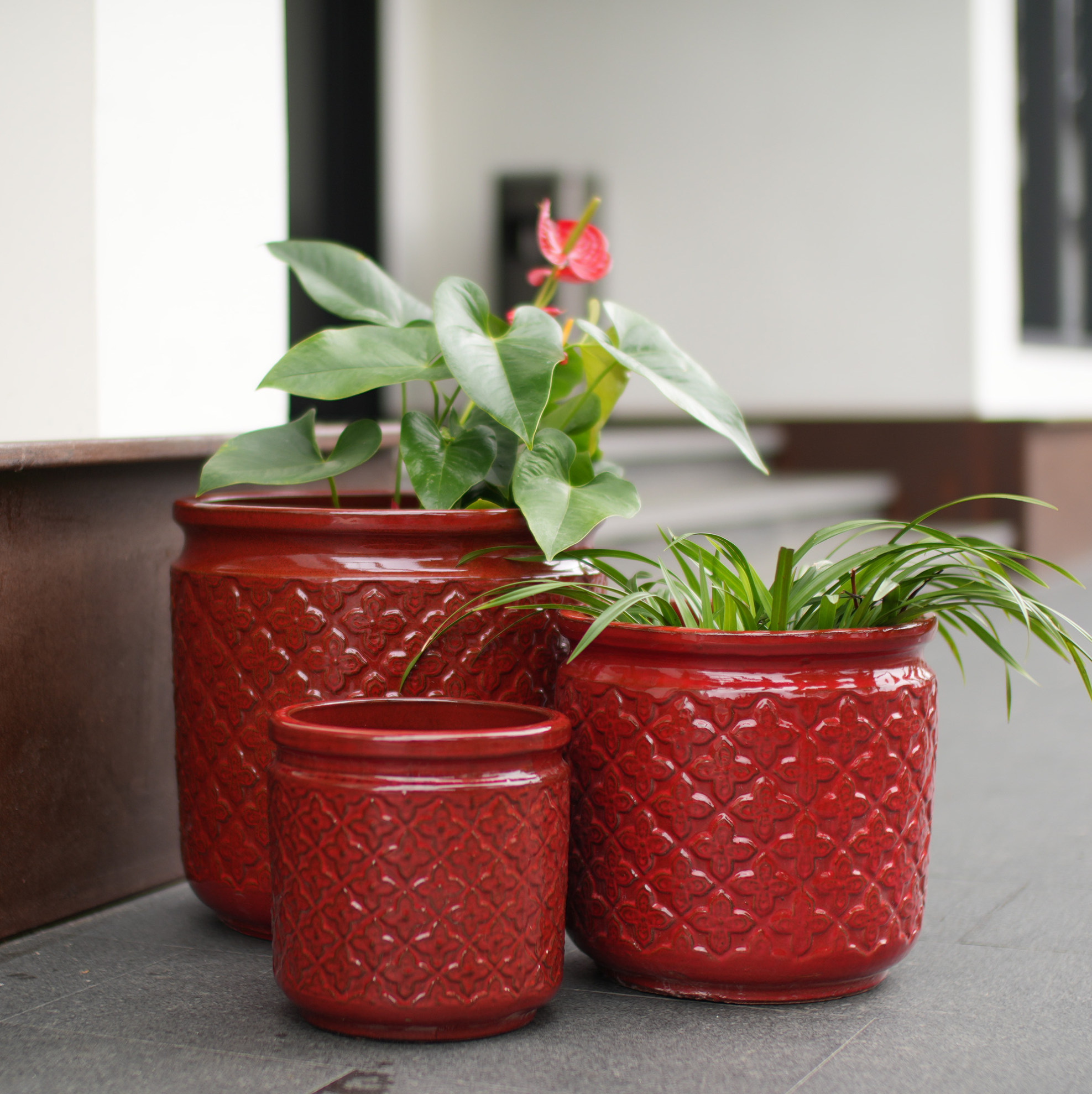 Keramik-pflanztopf-set, 3-teilig, Ø 38/30,5/23 Cm, Glänzend Weinrot, Okwish