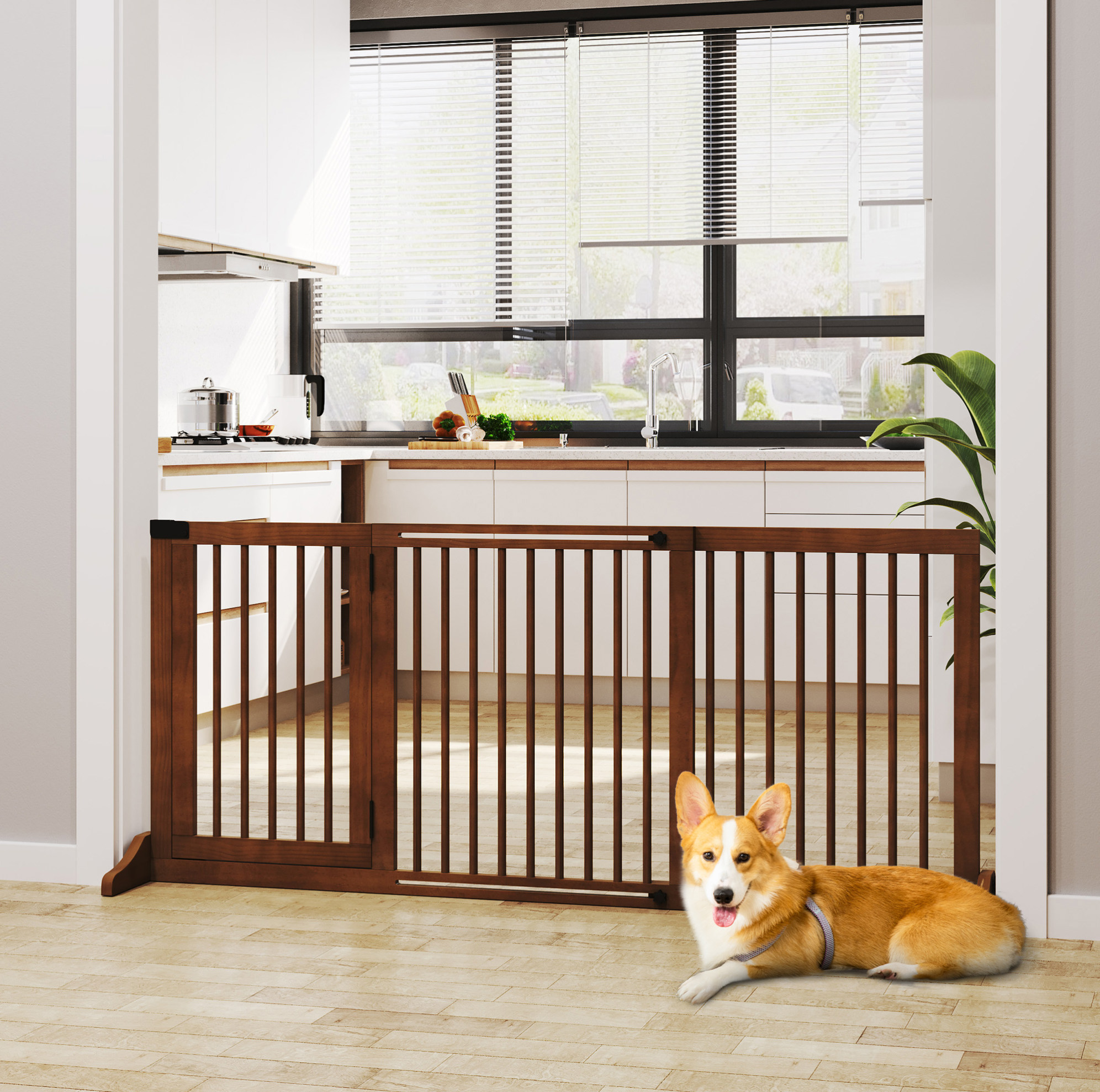 Freistehendes Hundegitter Aus Braunem Holz Mit Tür 113–166 X 71 Cm Okwish