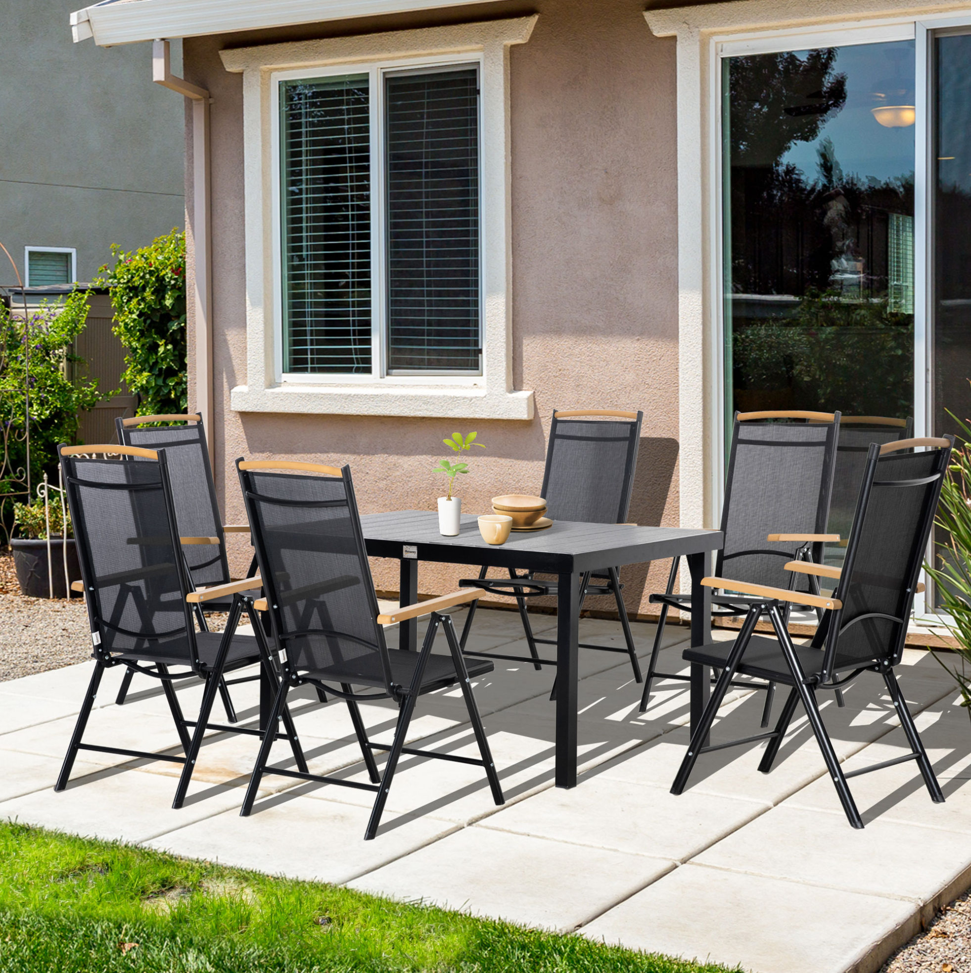 Klappbares Gartenmöbel-set Für 6 Personen, 1 Tisch Und 6 Stühle, Aluminium Schwarz, 140 X 90 X 74 Cm