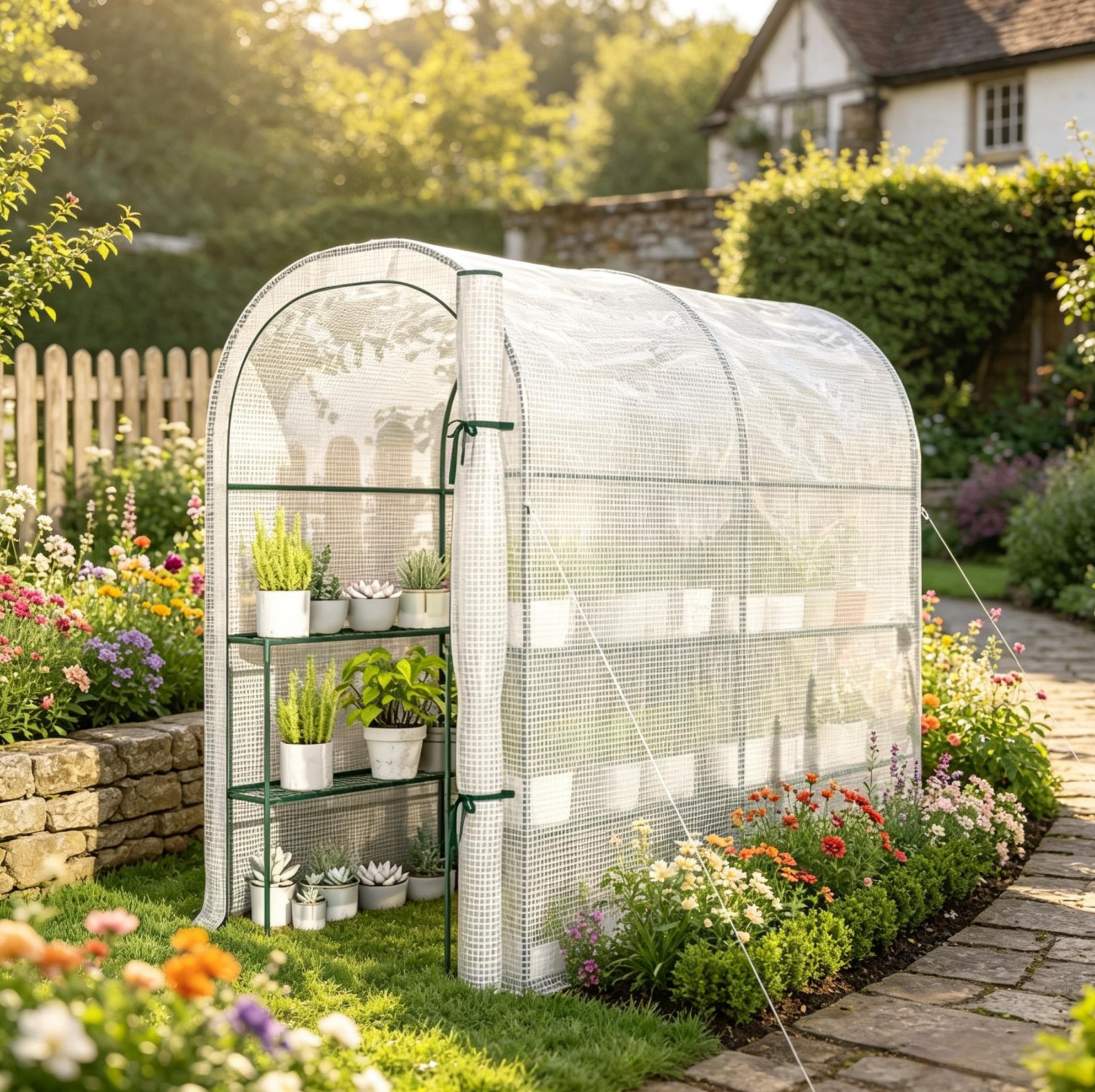 Okwish Garten-gewächshaus Mit Stahlregalen Und 140 G/m² Pe, 123 X 187 X 189 Cm, Weiß