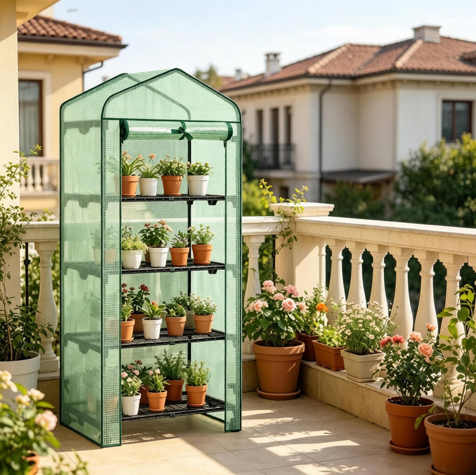 Garten-gewächshaus Mit Rollen, 70 X 50 X 163 Cm, 4 Gitterböden, Grüne Pe-abdeckung - Okwish