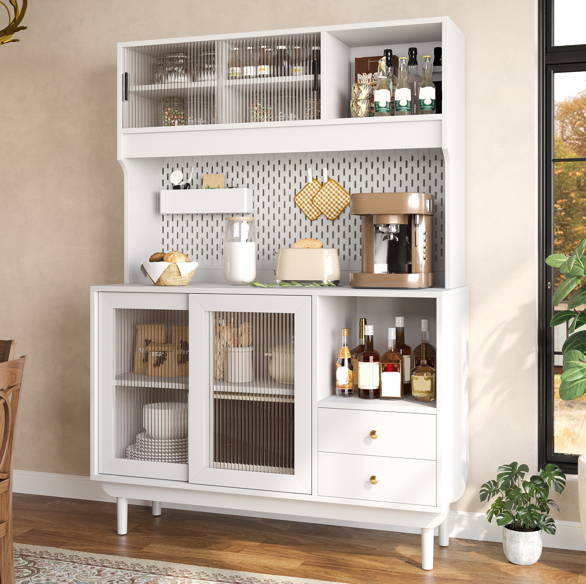 Küchenbuffet Mit 4 Riffelglas-schiebetüren, Lochplatten-rückwand Und 2 Schubladen
