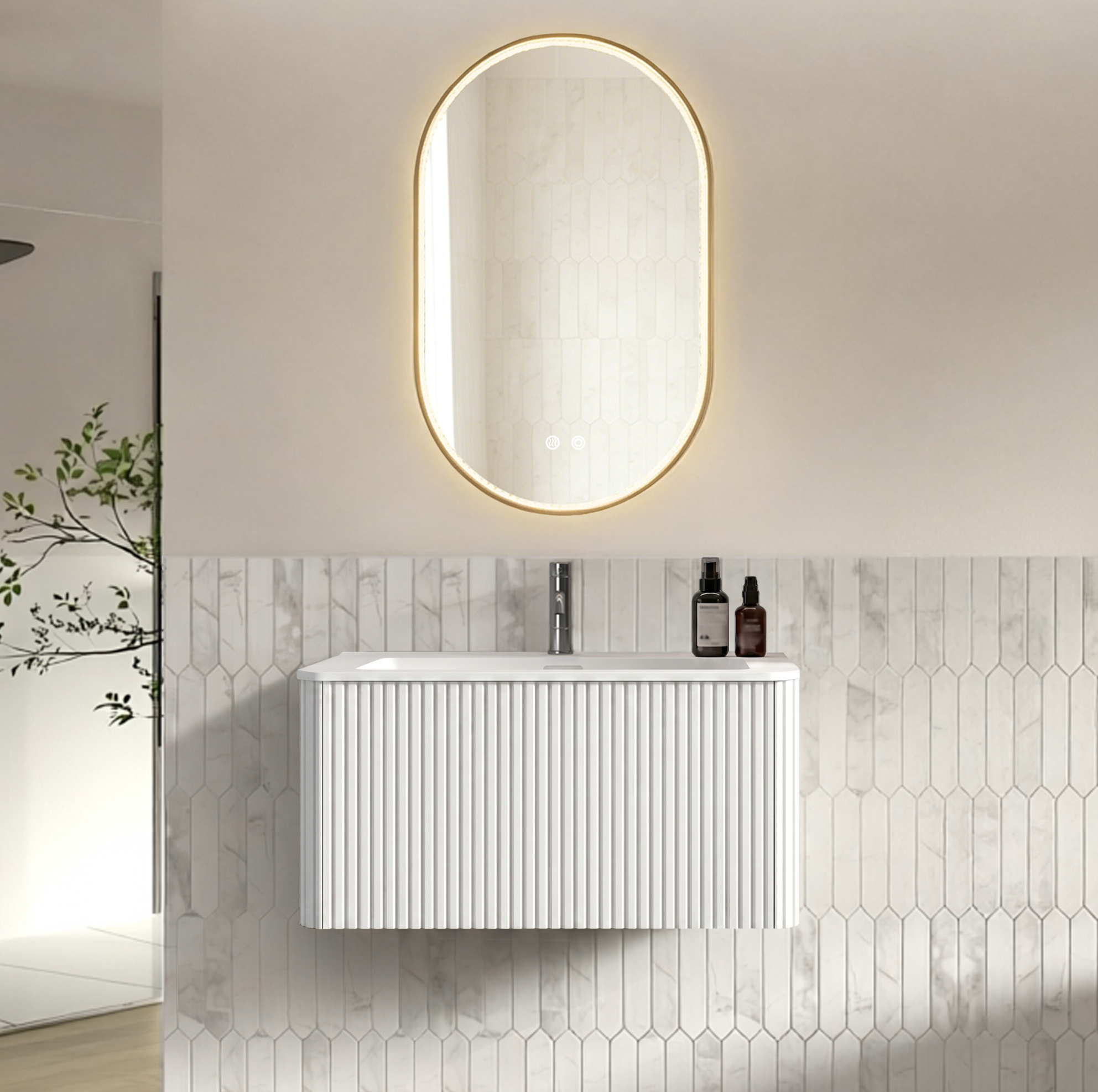Hängendes Badmöbel-set Weiß 81 Cm Mit Integriertem Waschbecken Und Led-spiegel 50 X 80 Cm