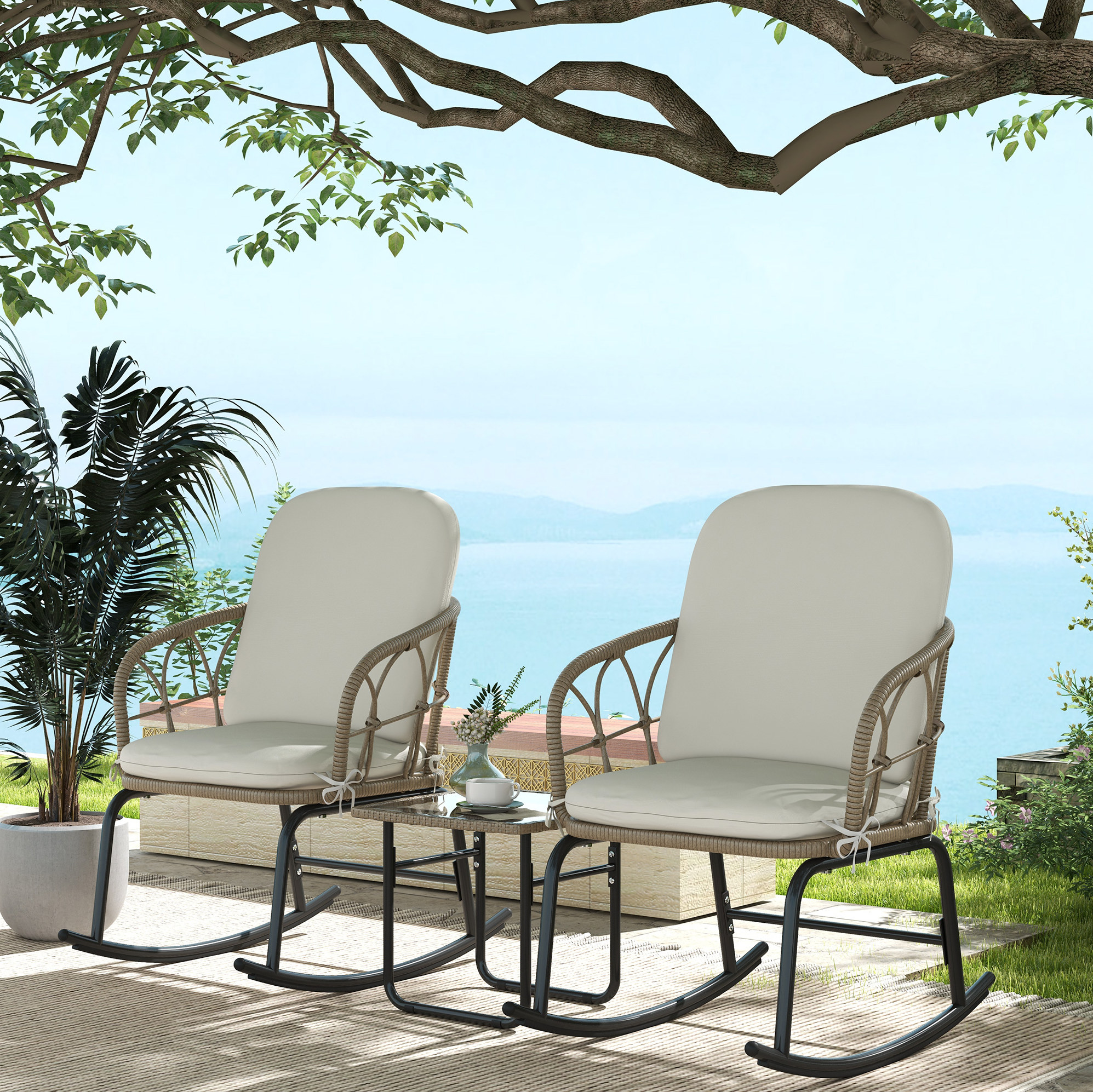 3-teiliges Set Mit 2 Polyrattan-schaukelsesseln Und Couchtisch Für Außen Mit Kissen