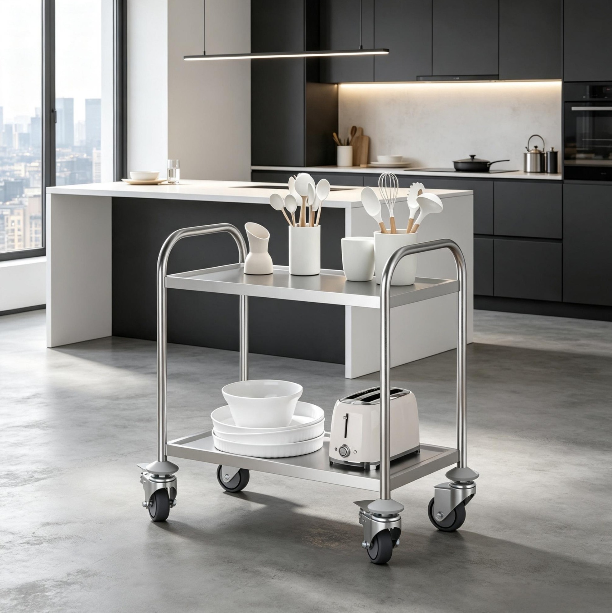 Okwish Küchenwagen Mit 2 Ebenen Aus Verchromtem Edelstahl, 80 X 45 X 82 Cm