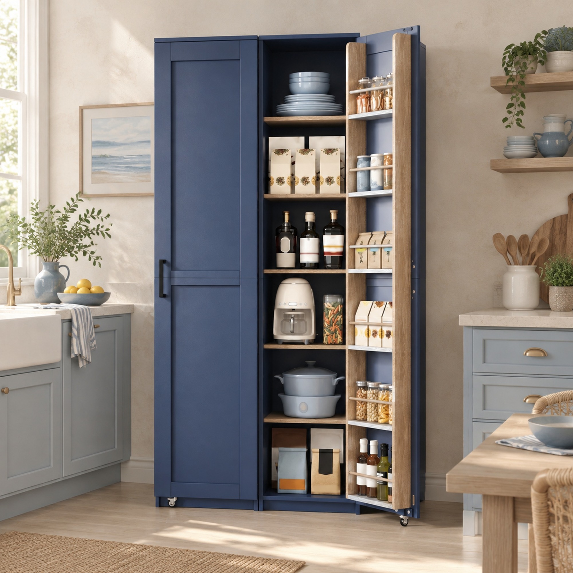 Hoher Küchenschrank Blau Aus Mdf Mit Verstellbaren Böden Und Türablagen 40 X 40 X 183 Cm