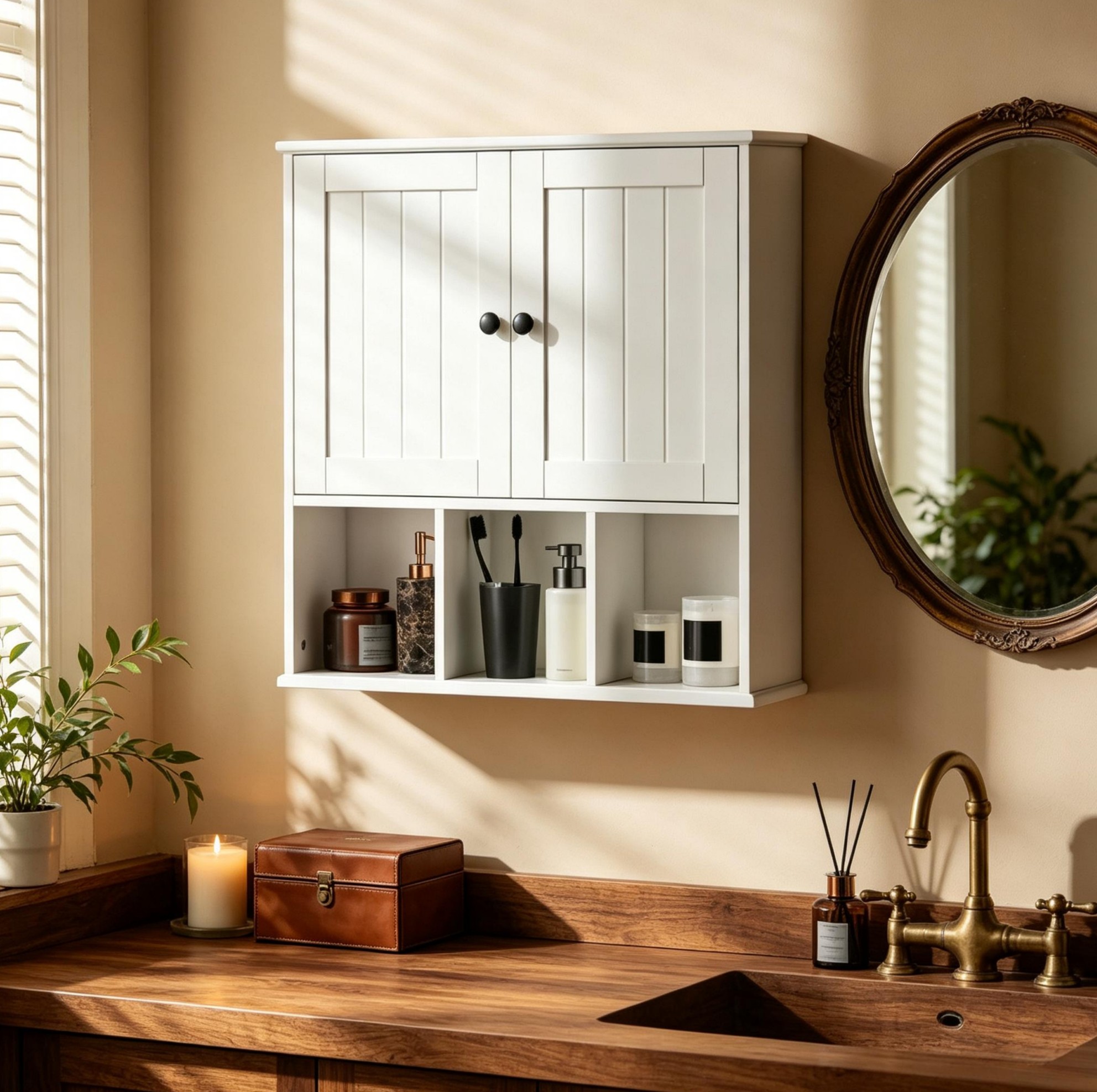 Okwish Badezimmer-wandschrank Aus Weißem Mdf Mit 2 Türen Und Offenen Fächern