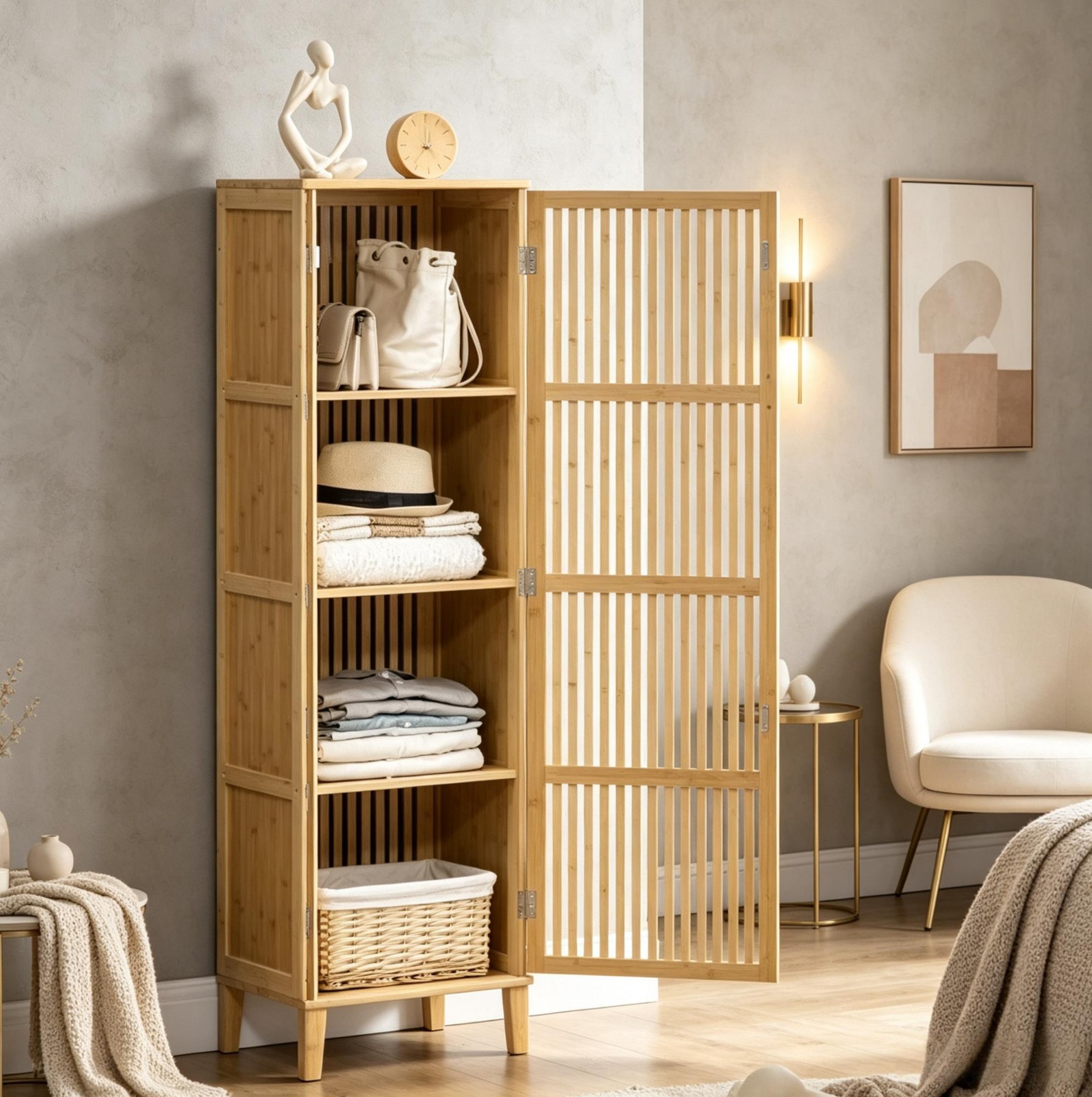Okwish Hochschrank Aus Bambus Mit Lamellentür 40 X 30 X 140 Cm