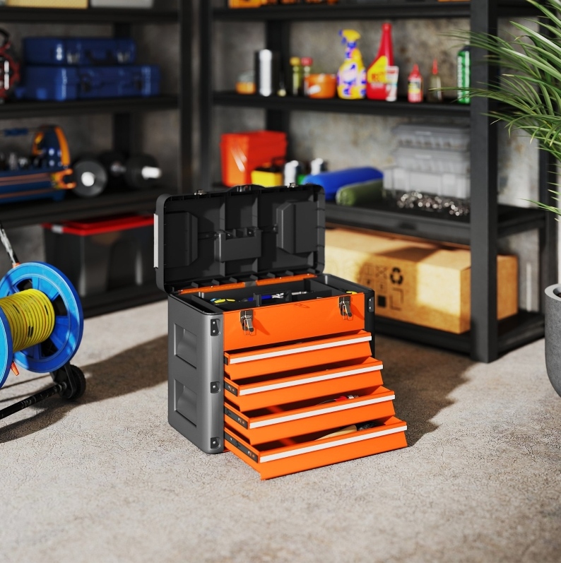 Leerer Werkzeugkasten Aus Orangefarbenem Stahl, 4 Schubladen, 49,7 X 25,3 X 40,7 Cm
