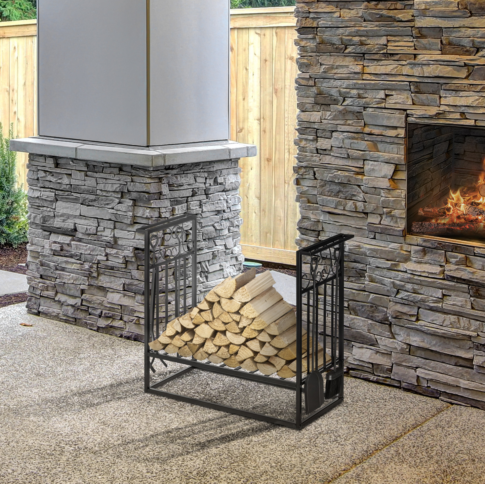 Schwarzes Stahl-kaminholzregal Mit 4 Kaminwerkzeugen 75 X 30 X 60 Cm Okwish