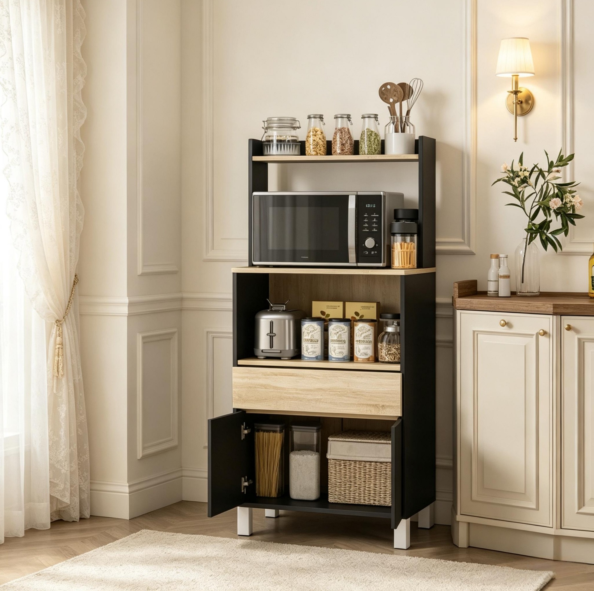 Okwish Mikrowellenschrank Schwarz Und Eiche 60 X 40 X 131 Cm Mit Schublade