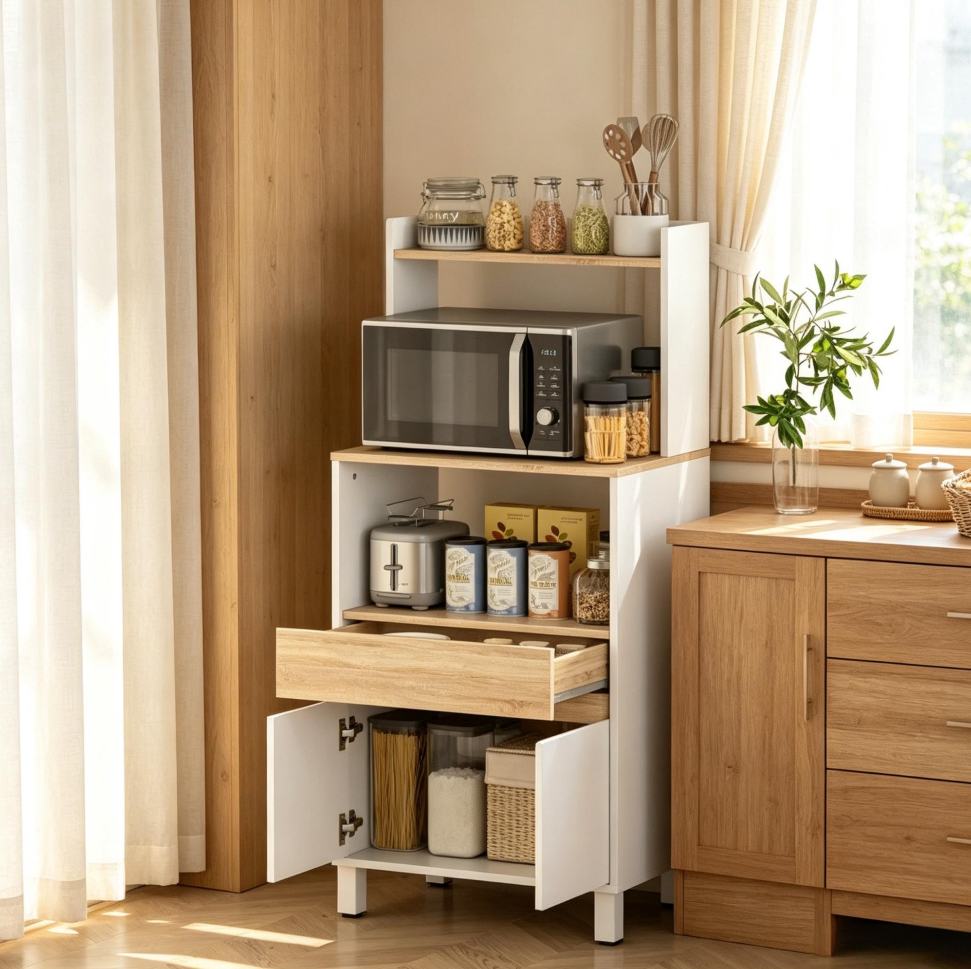 Mikrowellenschrank Mit Schublade Und Unterschrank, Weiß/eiche-optik, 60 X 40 X 131 Cm, Okwish
