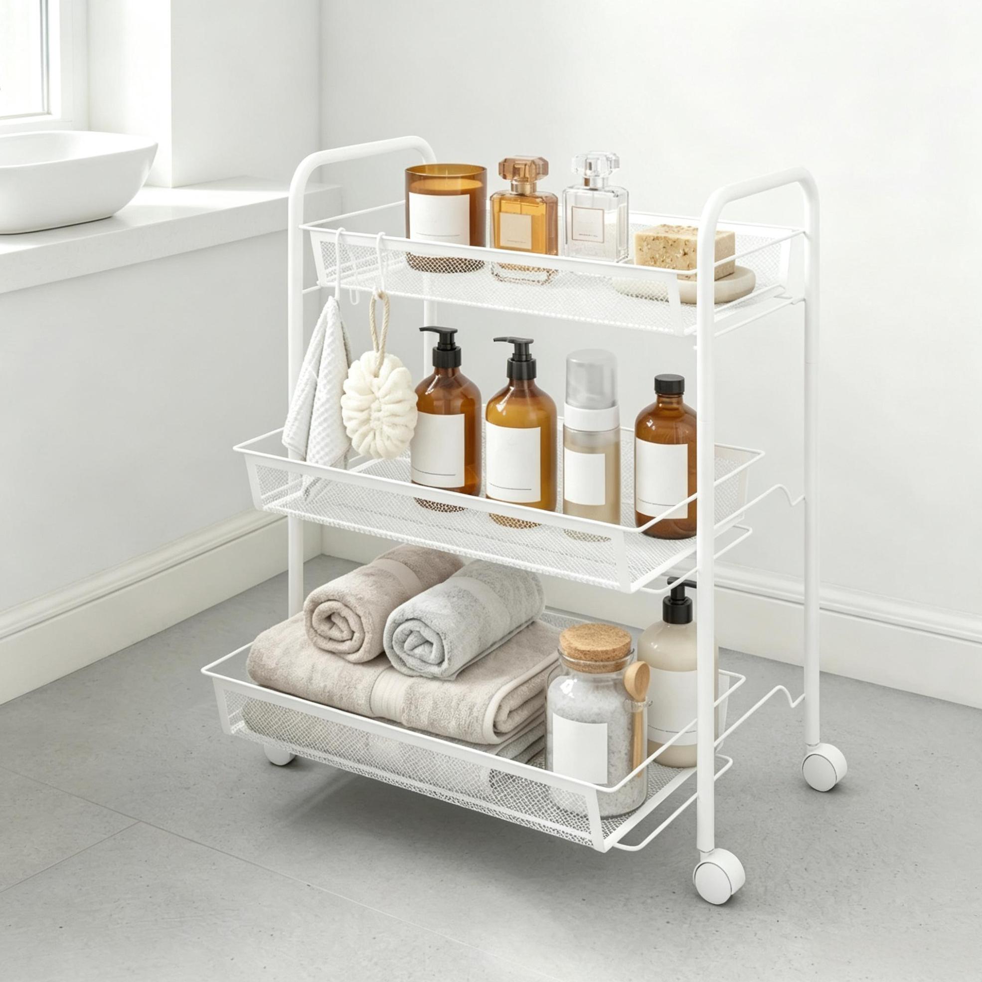 Stahl-rollwagen Mit 3 Körben Und Rollen, Weiß, 45 X 26,5 X 63 Cm, Okwish