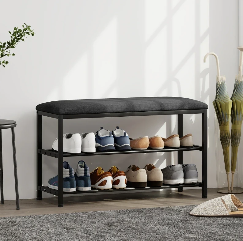 Schuhbank Mit Gepolsterter Sitzfläche Und 2 Offenen Ablagen 81 X 31 X 50 Cm Schwarz Okwish