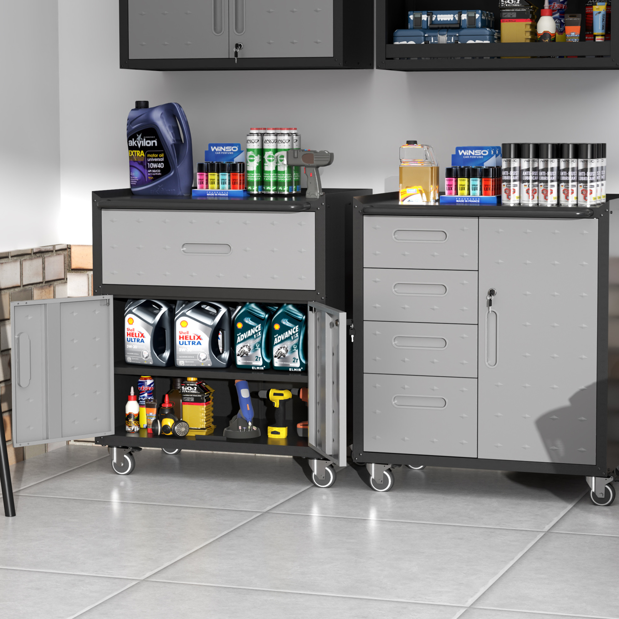 Werkzeugschrank Aus Metall Mit Rollen, 75 X 42 X 88 Cm, Schublade, 2 Abschließbare Türen Okwish
