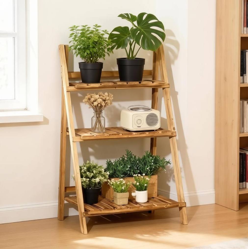 Klappbares Pflanzenregal Aus Tannenholz Mit 3 Ebenen 60 X 37 X 93 Cm Braun Okwish
