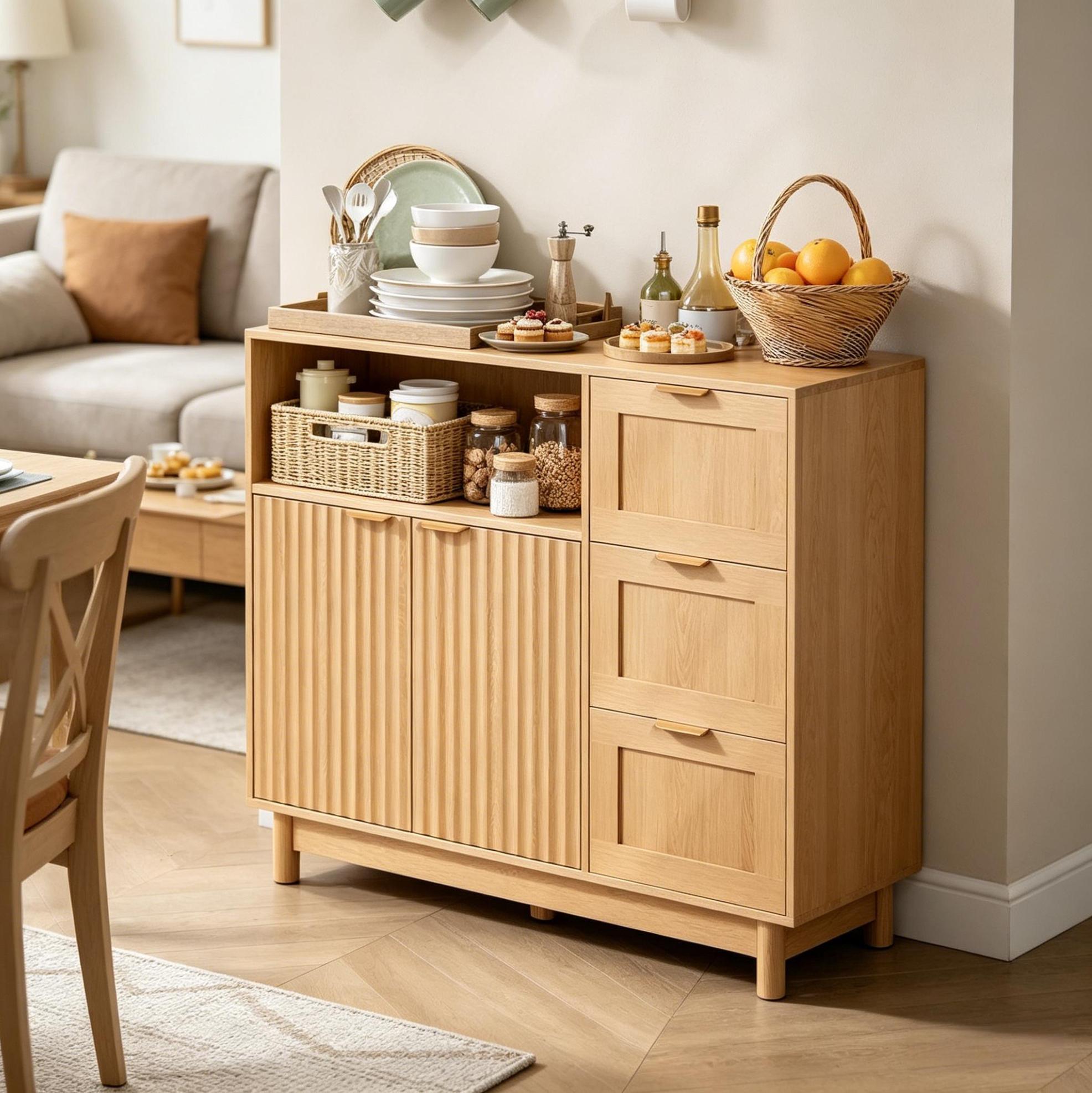 Küchen-sideboard Mit 3 Schubladen Und Verstellbarem Stauraum 90 X 35 X 80 Cm Holzoptik