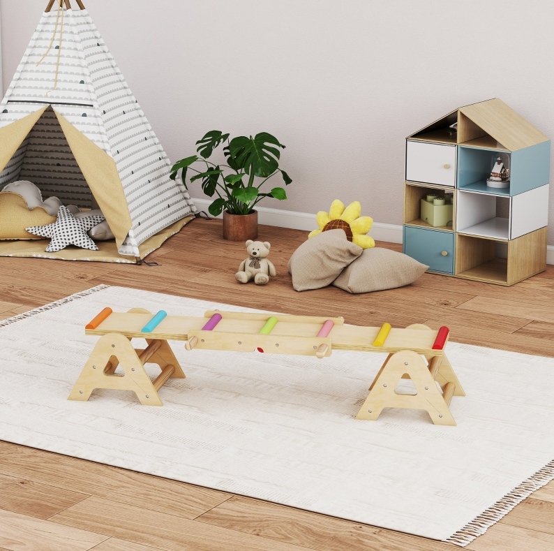 2-in-1-holzwippe Und Balancierbalken 133 X 38 X 24 Cm Okwish
