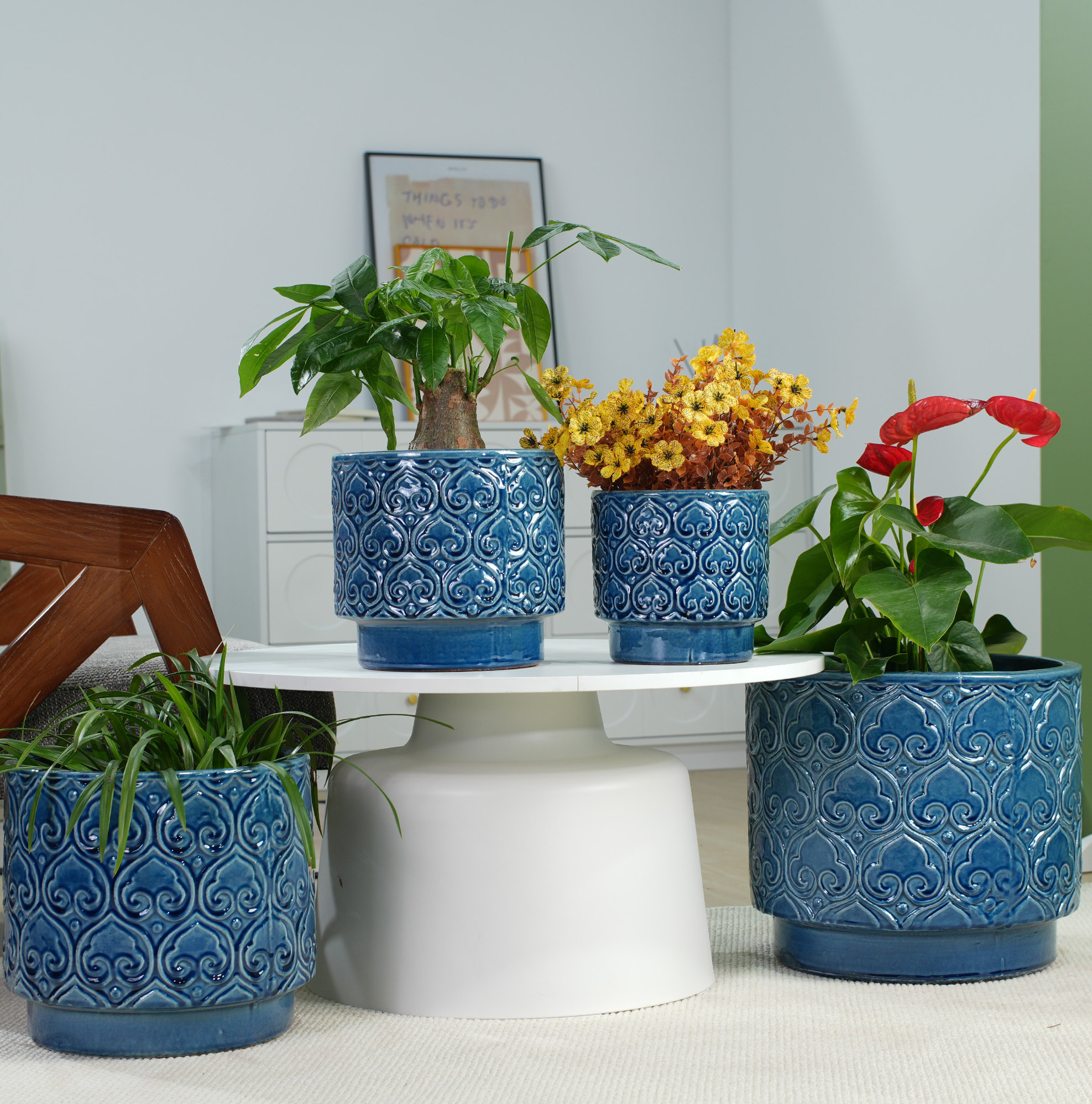 Okwish Keramik-blumentopf Blau Glänzend Ø 24 Cm Mit Herzrelief Und Abflussloch