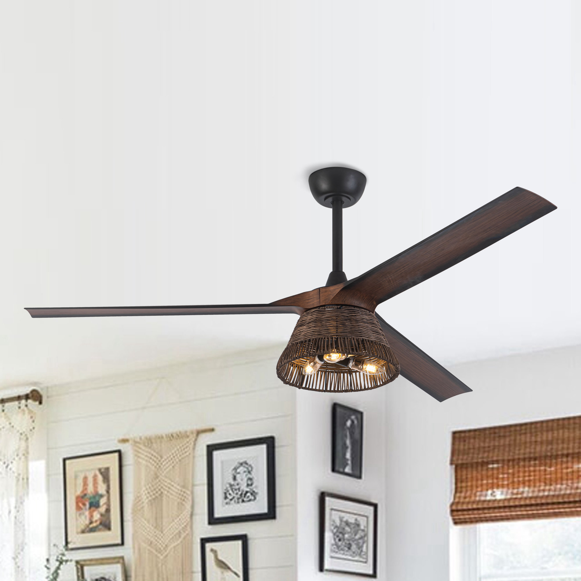 Parrot Uncle Deckenventilator Mit Licht 152 Cm, Leiser Dc-motor, Holzoptik, Fernbedienung, 6 Geschwindigkeiten, Sommer-winter-funktion, Rattan-lampenschirm
