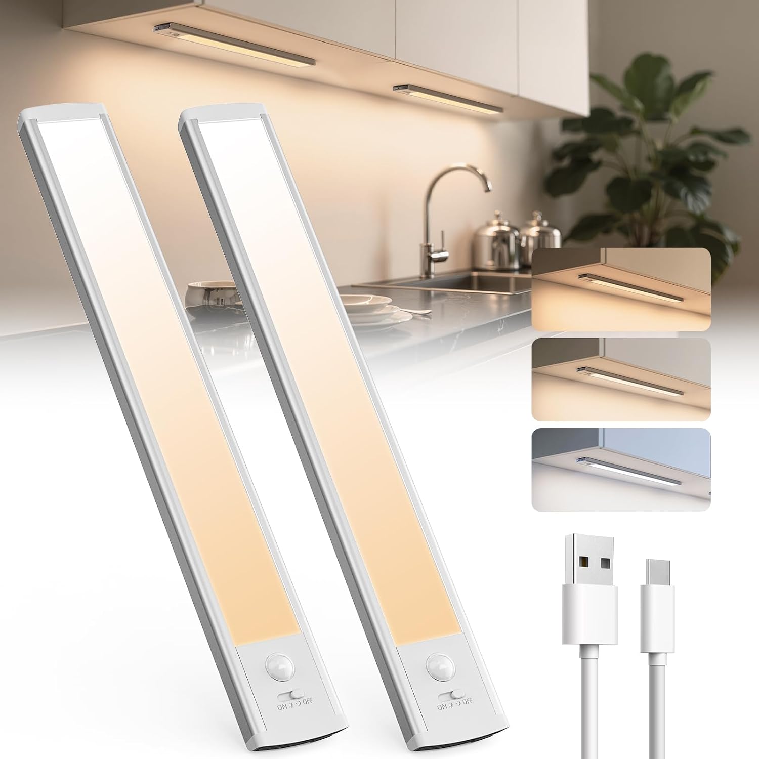 Schrankleuchte, 30 Cm, Bewegungsmelder Wiederaufladbare Led-beleuchtung (usb-c), Kabellose Küchenunterbauleuchte, 3 Farbtemperaturen & Dimmbar – 2er-pack