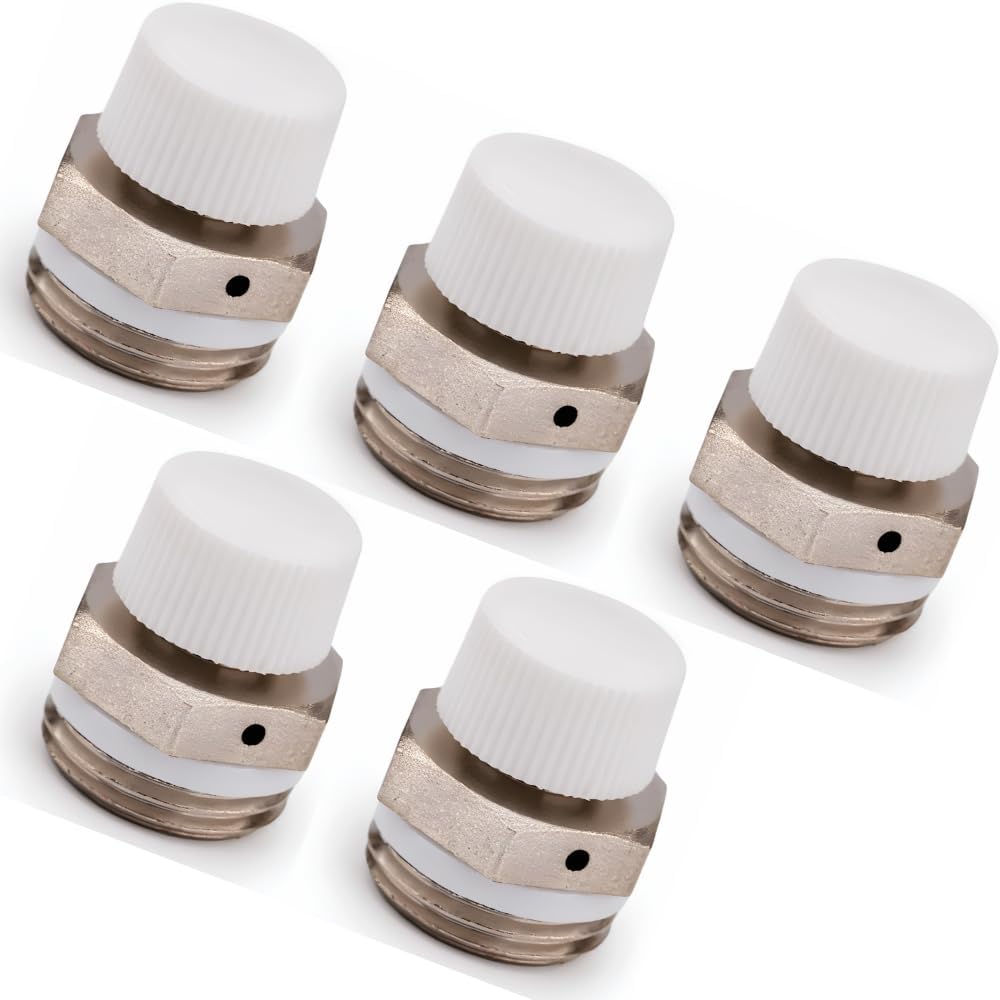 Set Mit 5 Manuellen Heizkörperentlüftungsventilen 1/2" (15/21") - Entlüftungskappe Mit Drehbarem Handrad - Vernickeltes Messing - Selbstdichtende Dichtung - Heizungssicherheitsventil - 7042005