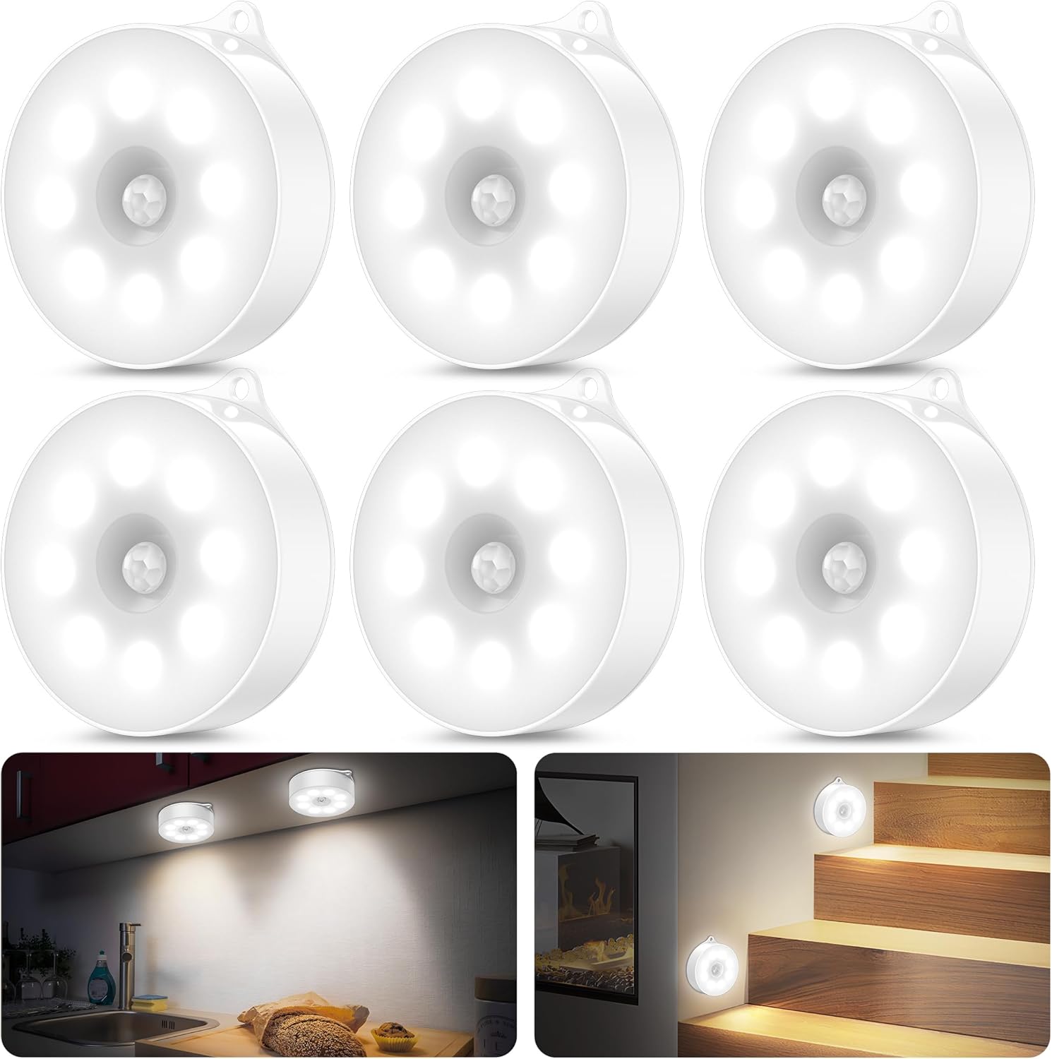 Bewegungsmelder-innenleuchte, Led-bewegungsmelderlampe, Batteriebetrieben (3 Aaa-batterien), Kabellose Led-lampe, Für Kleiderschrank, Treppenhaus, Abstellraum, Küche (6 Kaltweiße Leds)