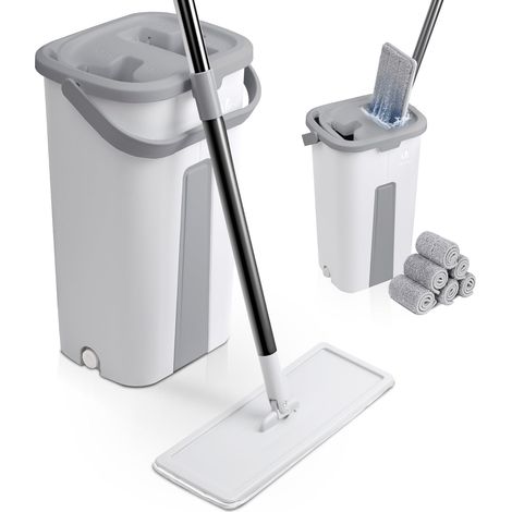 Mikrofaser-flachmopp Mit Doppelwandigem Auswringeimer – 6 Wiederverwendbare Moppköpfe – 150 Cm Langer Edelstahlstiel – 360° Drehbarer Kopf