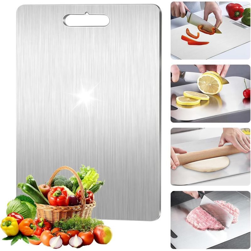 Schneidebrett Aus Titan, 34 X 23 Cm – Edelstahl 316 – Doppelseitig Für Fleisch Und Gemüse – Antimikrobiell Und Leicht Zu Reinigen