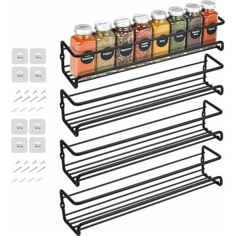 Set Mit 4 Wandmontierten Gewürzregalen Aus Schwarzem Kohlenstoffstahl – Bohrfreie Montage – Maße: 290 X 60 X 60 Mm – Inklusive Kleberückseite