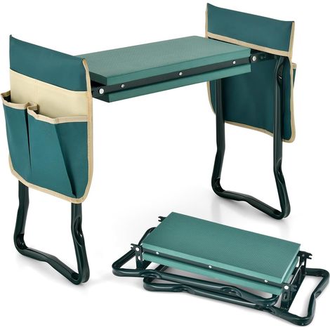 Klappbarer Gartenhocker Mit Eva-kissen, 2-in-1-gartenkniehocker, Metallrahmen, Gärtnersitz Mit 2 Großen Werkzeugtaschen, 150 Kg Tragkraft Für Gartenarbeiten, Grün