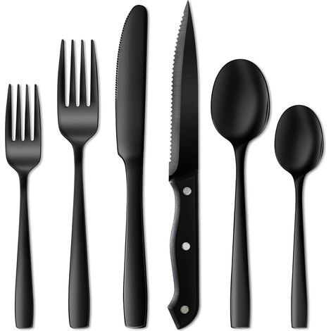 Schwarzes Besteckset – 24-teilig Aus Lebensmittelechtem Edelstahl – Für 4 Personen – Gabeln, Messer, Löffel – Hochglanzpoliert – Spülmaschinenfest