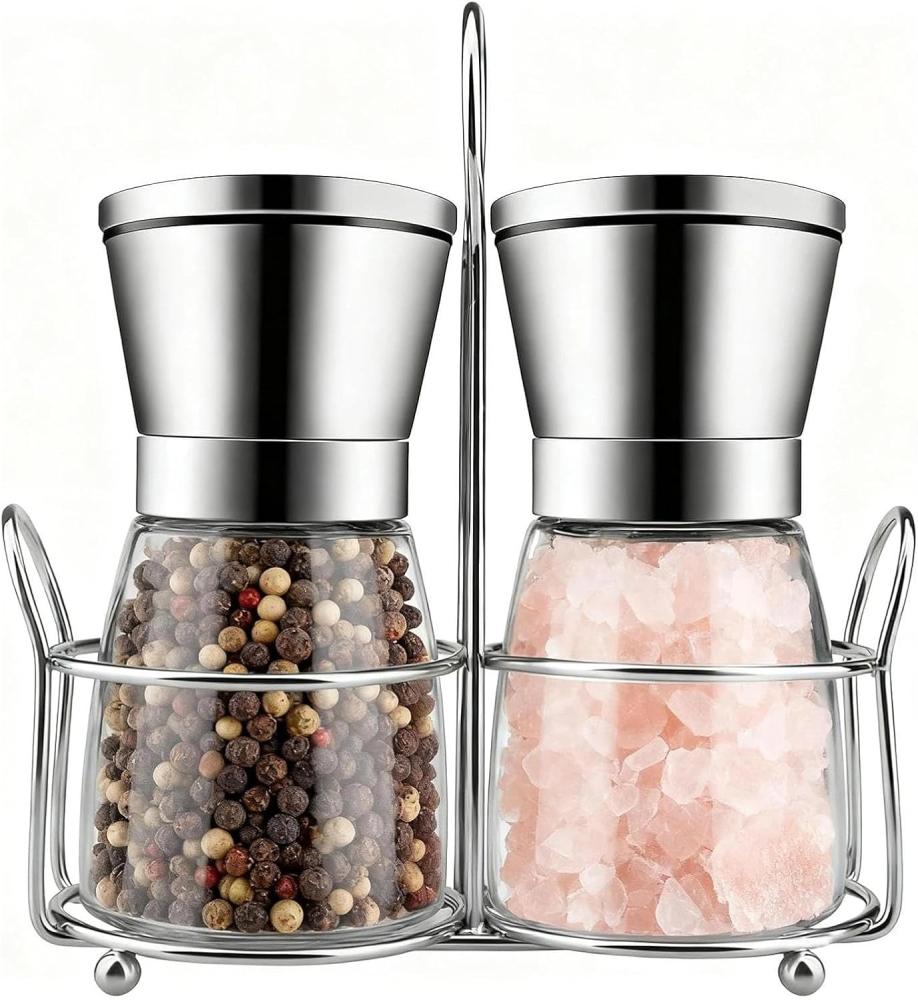 2-teiliges Gewürzmühlen-set Mit Ständer – Salz- Und Pfeffermühle Aus Glas Und Edelstahl (180 Ml) Mit Keramikmahlwerk, Verstellbar