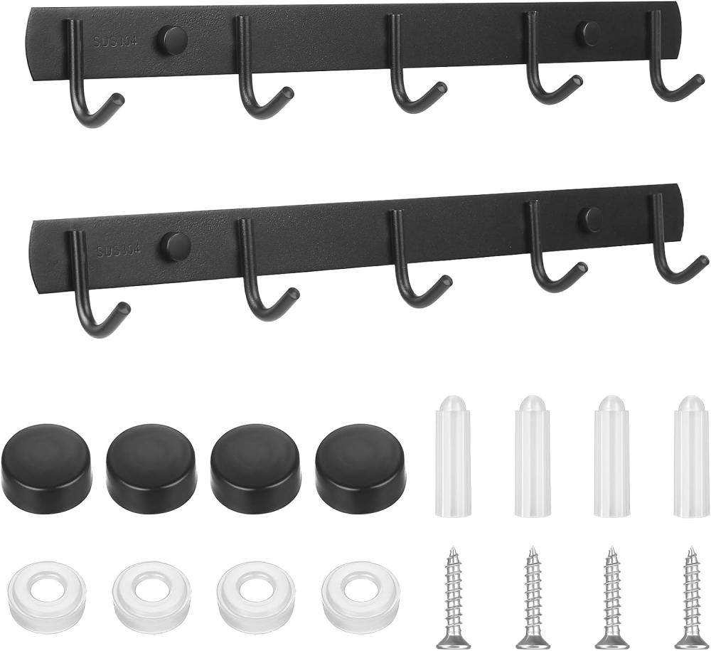 2-teiliger Küchenutensilienhalter, Wandmontiertes Küchenutensilienregal Mit 5 Haken, Schwarze Küchenutensilienstange Für Tassen