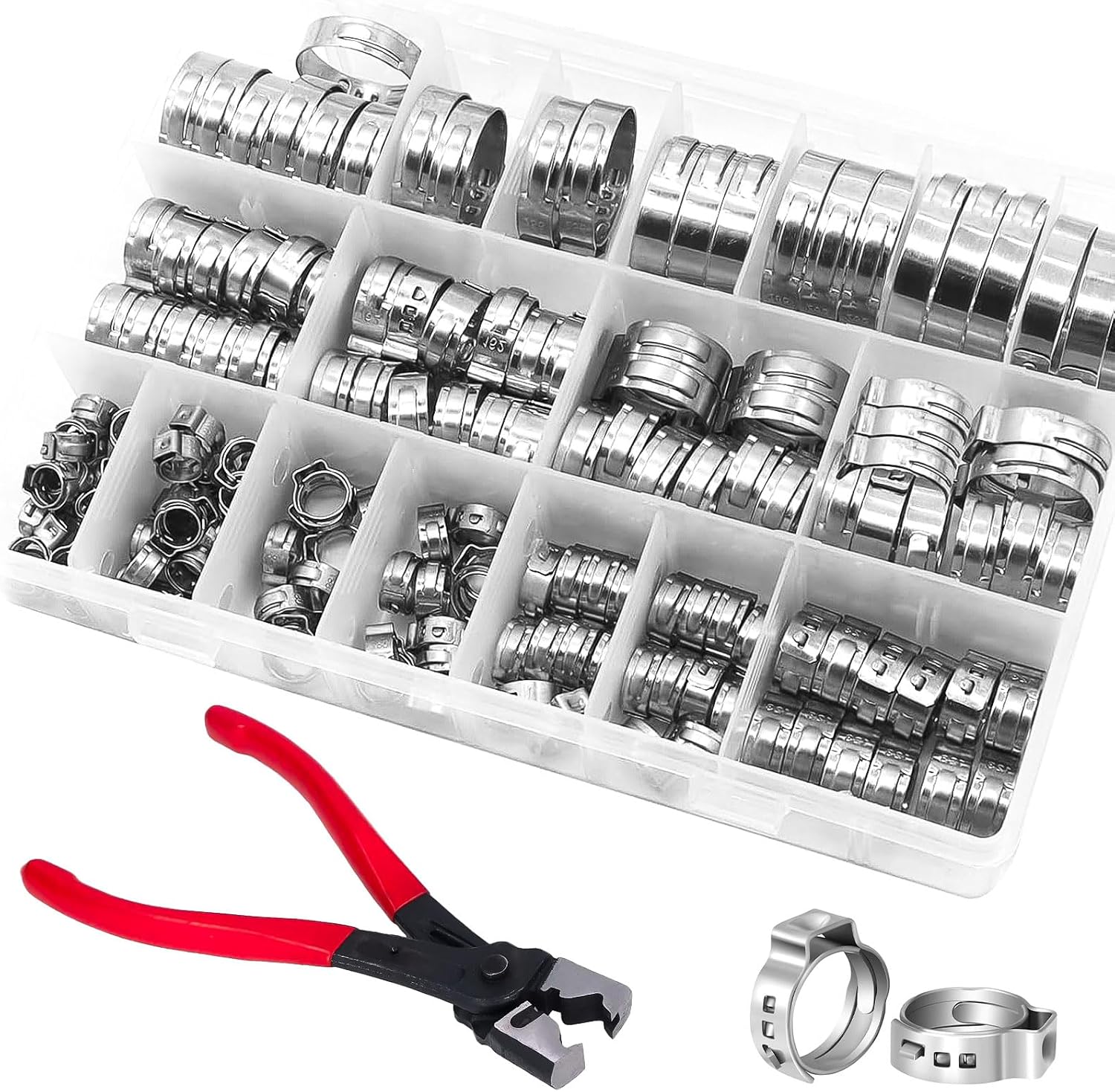 170-teiliges Schlauchschellen-set Aus Edelstahl, 14 Größen (5,3 Bis 33,1 Mm), Inklusive Schlauchschellenzange Und Schlauchschellen, Für Kfz-, Haushalts- Und Industrieanwendungen (silber)