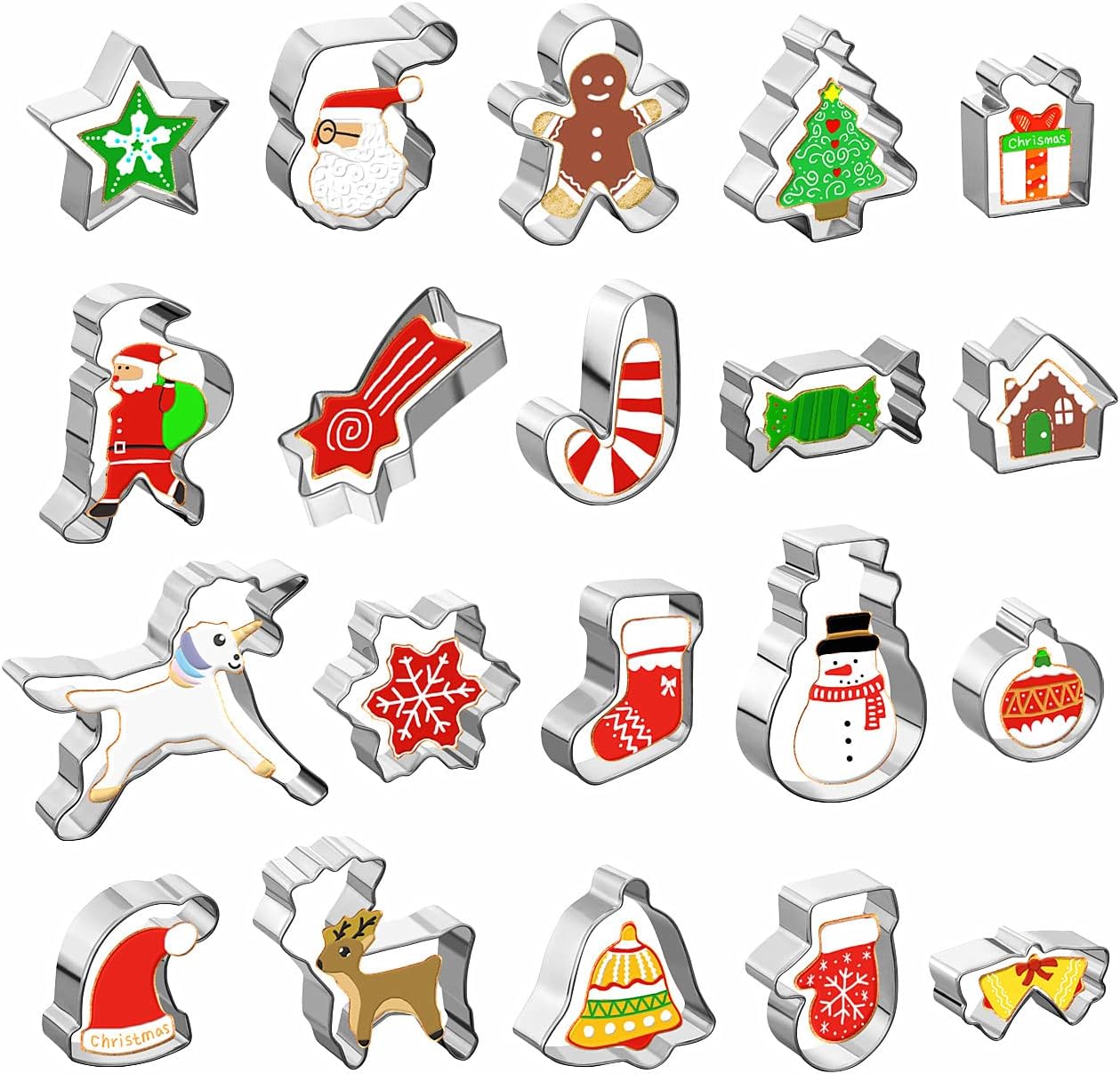 Set Mit 20 Weihnachtsplätzchenausstechern Aus Edelstahl In Form Von Weihnachtsmann, Einhorn, Schneeflocke Und Weihnachtsbaum.