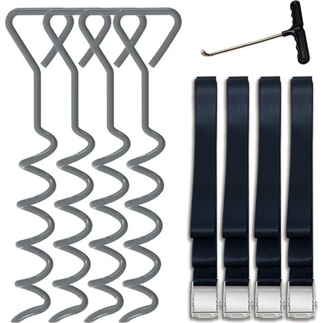 Trampolinheringe – Verzinkte Stahl-schraubanker Mit T-haken – Für Runde Oder Rechteckige Trampoline – 4er-pack + 4 Gurte