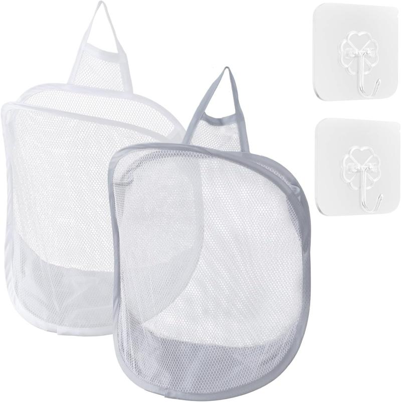 Set Mit 2 Kleinen, Faltbaren Wäschesäcken – Tragbarer Hängewäschekorb – Weiß Und Graues Polyester – Platzsparend